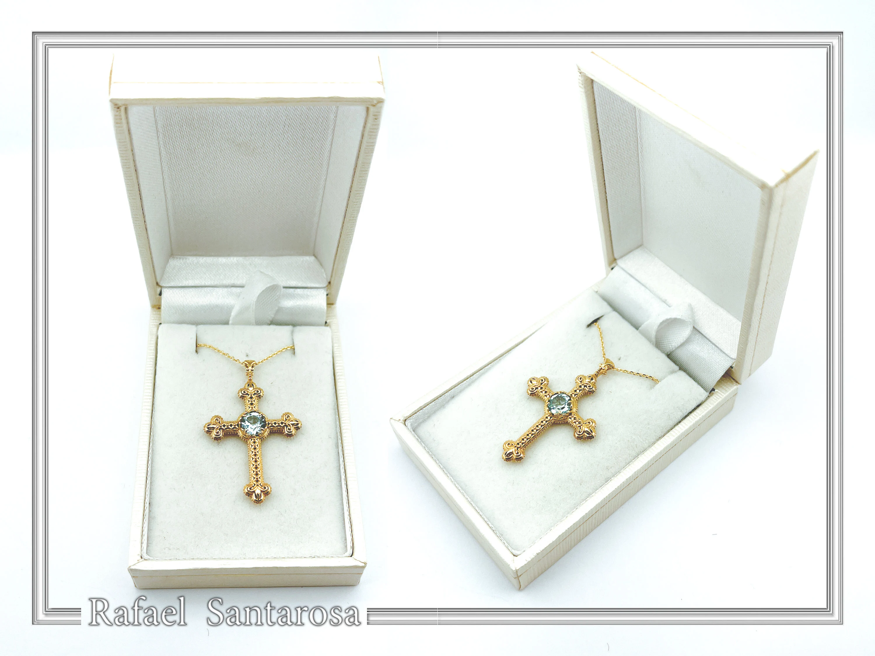 18K Solid Gold Natural Brilliant Cut Sky Blue Topaz Byzantine Filigree Cross Pendant — additional product image 9 from Rafael Santarosa Fine Jewelry