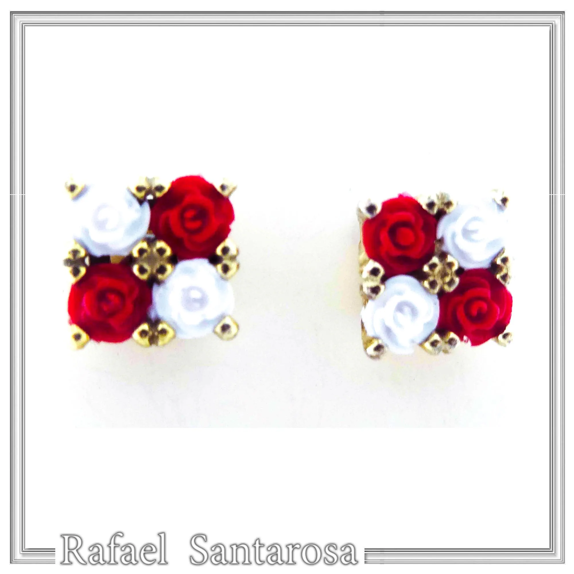 Rose Flowers minimal Stud Earrings: Red and White Alabaster Flowers, Sterling Silver 18K Gold-Filled