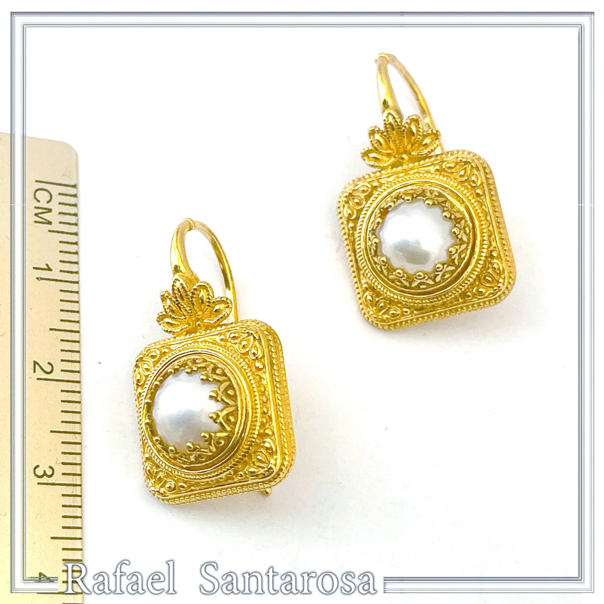 Ancient Greek Pearl Earrings: Sterling Silver 18K Gold-Filled Filigree Byzantine way Decoration — additional product image 7 from Rafael Santarosa Fine Jewelry