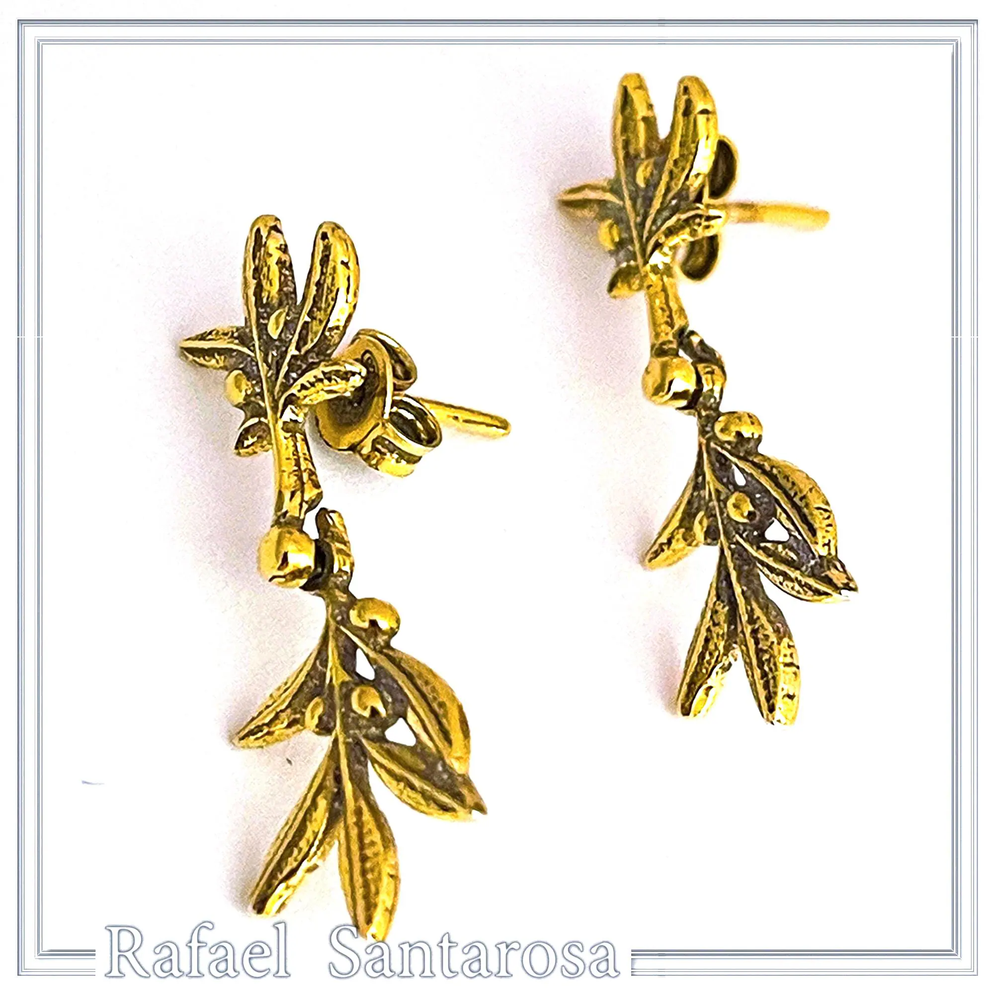 18K Solid Gold Olive Branch Dangle Earrings: Greek Nature Floral Jewelry Peace Symbol — additional product image 2 from Rafael Santarosa Fine Jewelry