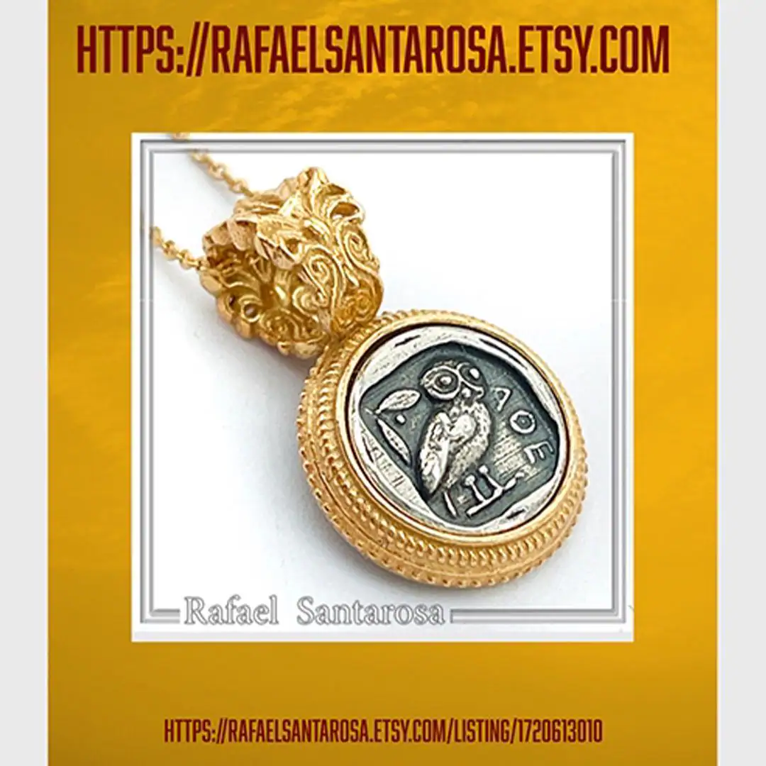 Athena Owl Tetradrachm Coin Antefix Pendant: Sterling Silver oxidised on 18K Gold-Filled Filigree Base — additional product image 10 from Rafael Santarosa Fine Jewelry