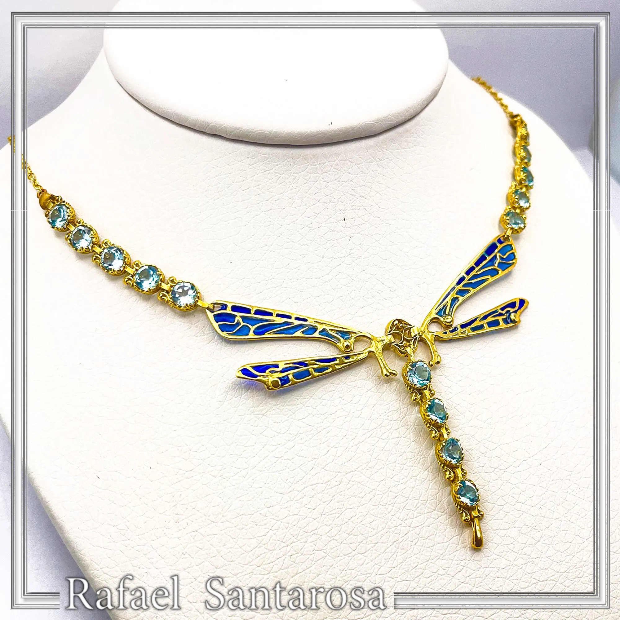Art Nouveau Dragonfly Necklace Sterling Silver Gold Filled Blue Enamel Sky Blue Topaz — additional product image 8 from Rafael Santarosa Fine Jewelry