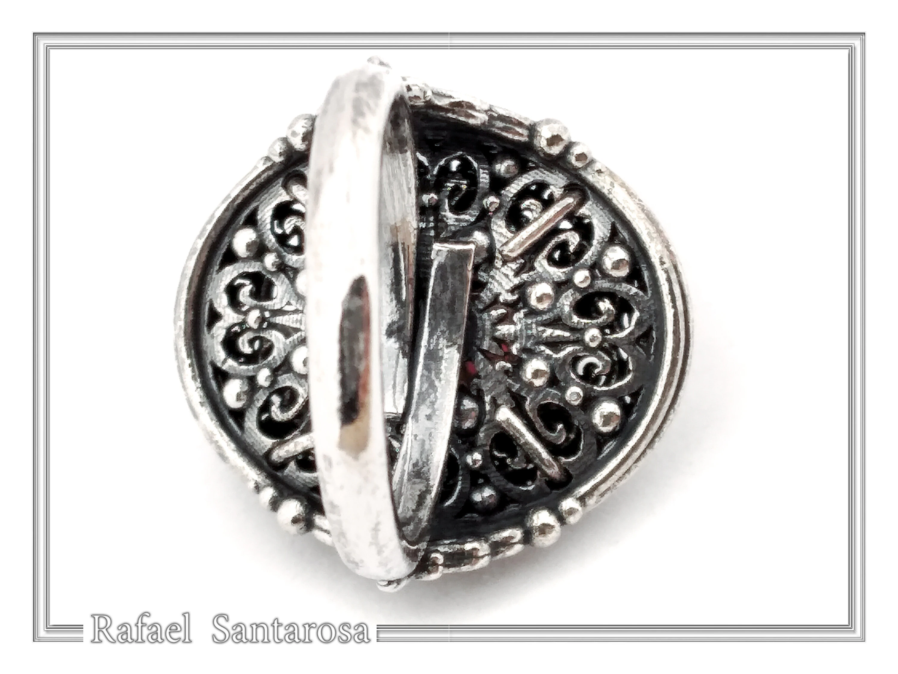 Dark Red Genuine Garnet Byzantine Style Ring: Oxidized Sterling Silver & 18K Gold Filled Bezel — additional product image 6 from Rafael Santarosa Fine Jewelry