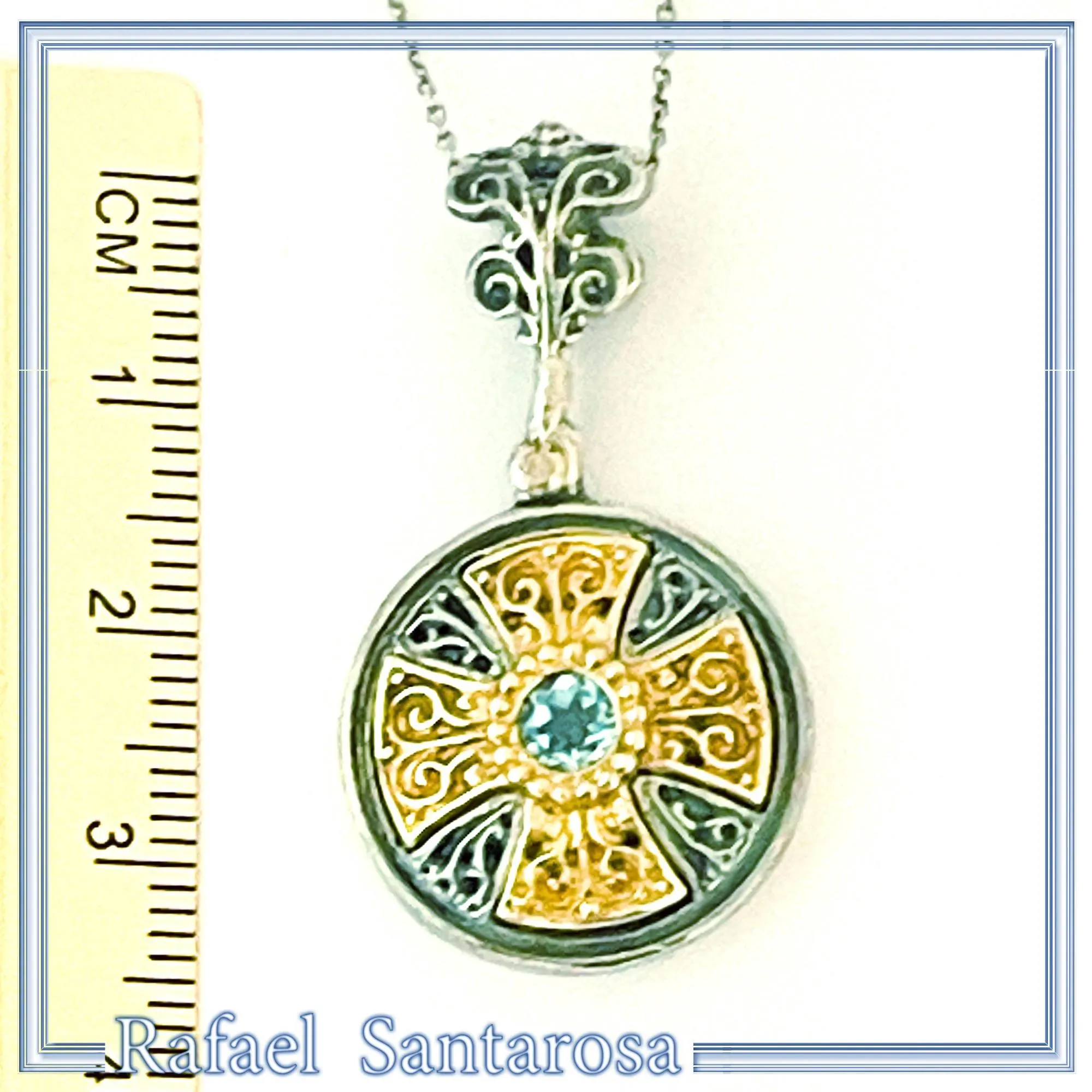 Natural Sky-Blue Topaz Cross Pendant: Sterling Silver 18K Gold Filled Byzantine Filigree — additional product image 7 from Rafael Santarosa Fine Jewelry
