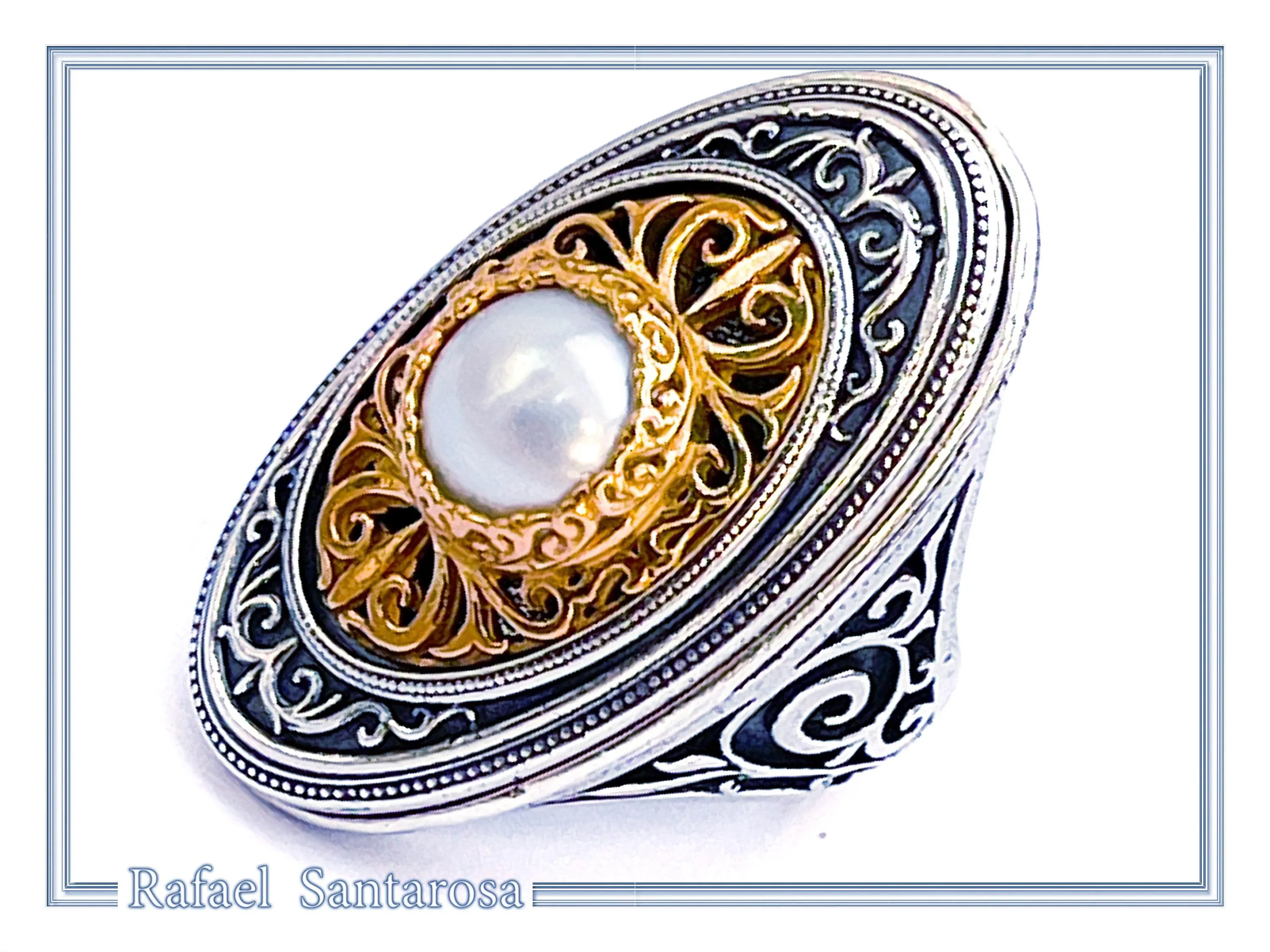 Byzantine Floral Queen Size Natural Pearl Ring: Oxidized Sterling Silver and 18K Gold Filled — additional product image 6 from Rafael Santarosa Fine Jewelry