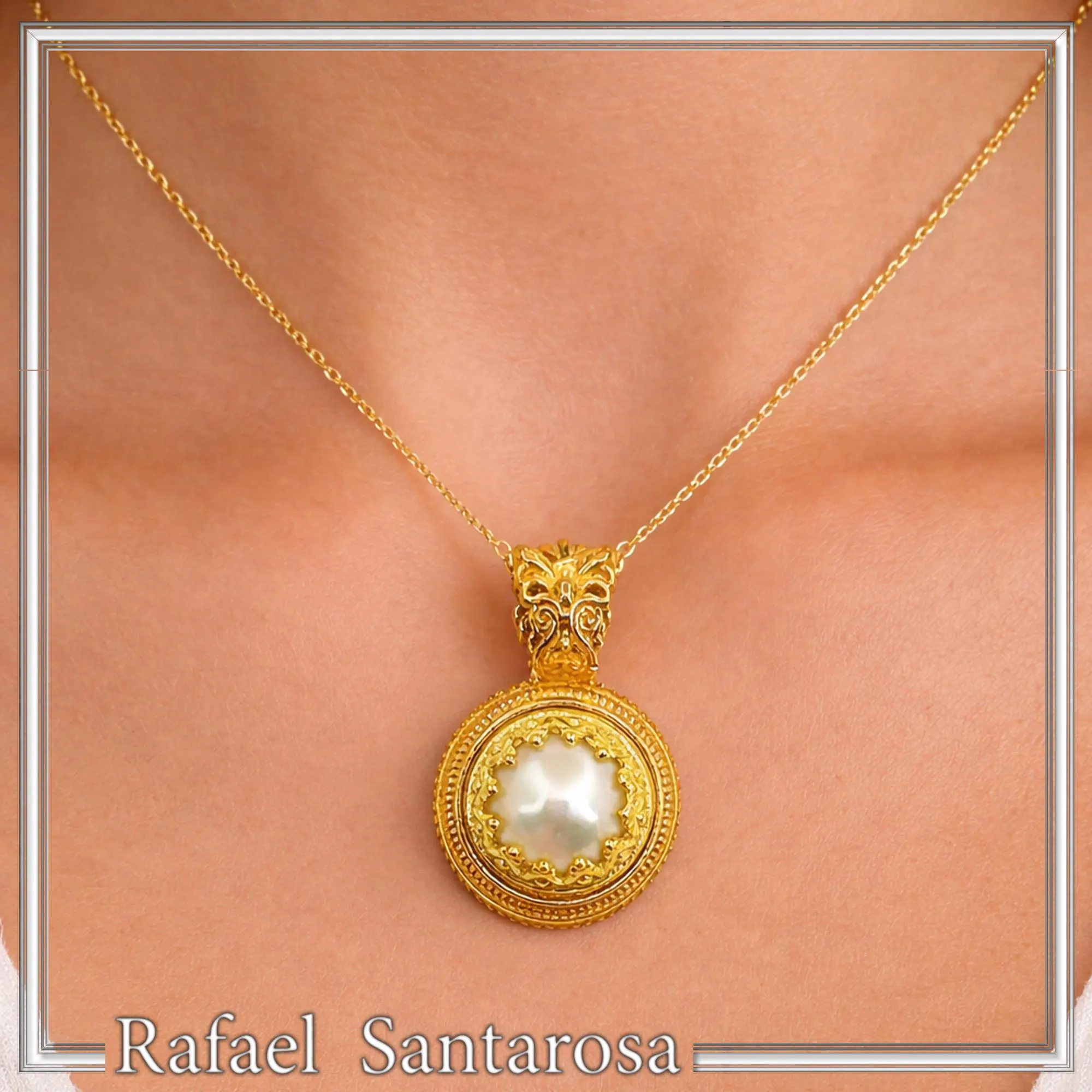 Natural Pearl Necklace: Ancient Greek style Filigree 18K Gold-Filled Pendant — additional product image 4 from Rafael Santarosa Fine Jewelry