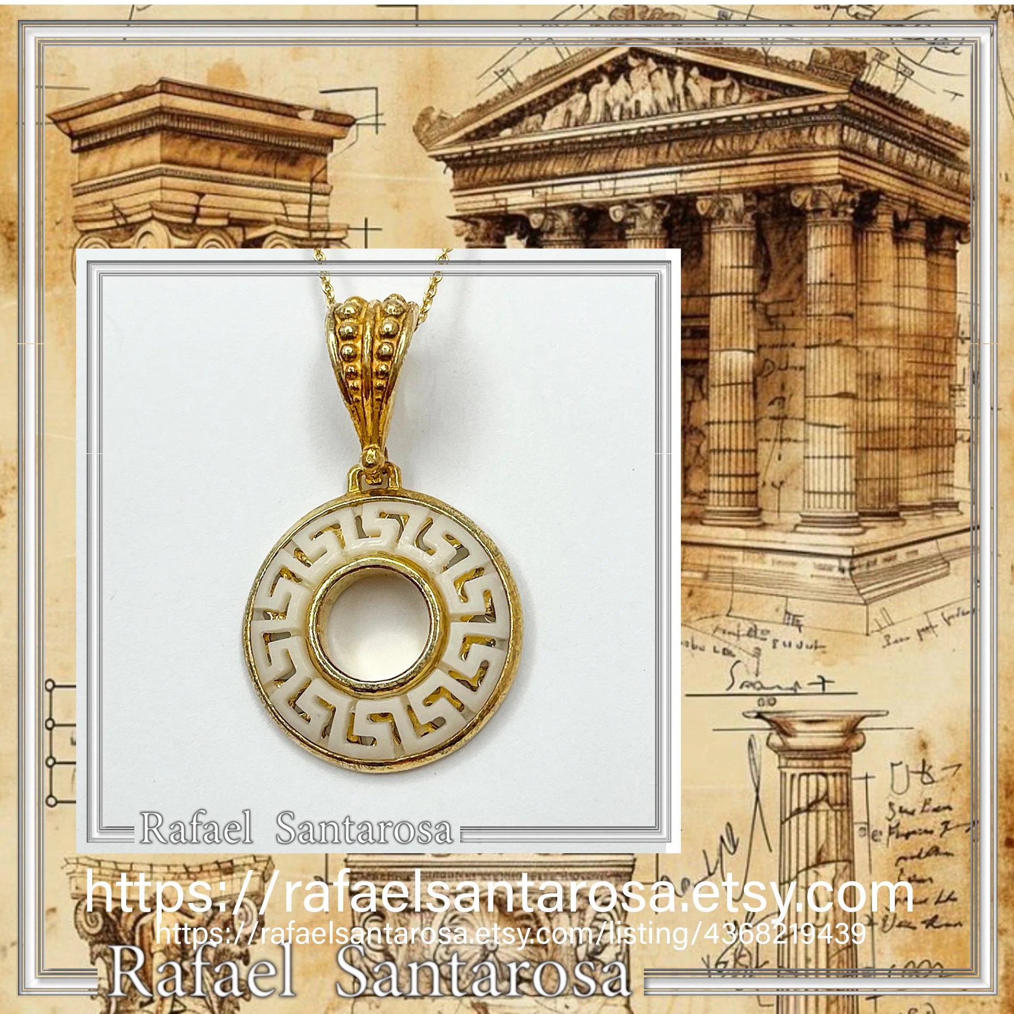 Greek Key Maiandros Marble Sculptured Pendant: 18K Gold Filled Sterling Silver Museum Inspired Necklace — additional product image 10 from Rafael Santarosa Fine Jewelry