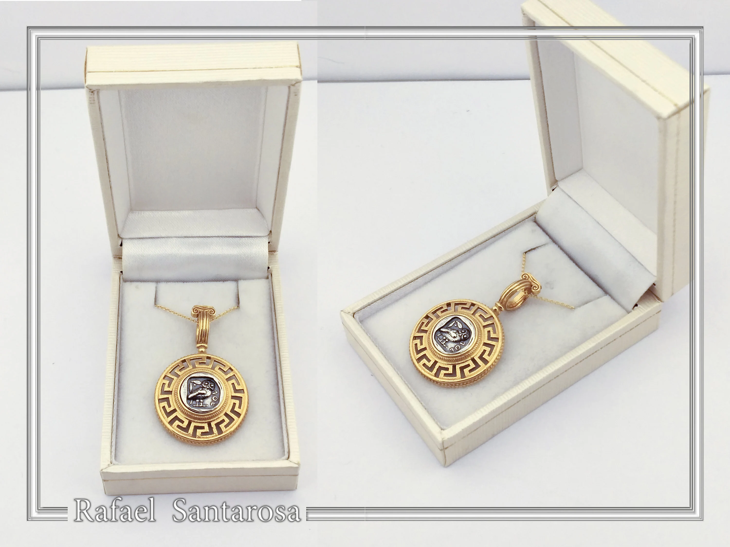Athenian Owl Coin Pendant: 18k Gold-Filled Sterling Silver Greek Key Necklace — additional product image 9 from Rafael Santarosa Fine Jewelry