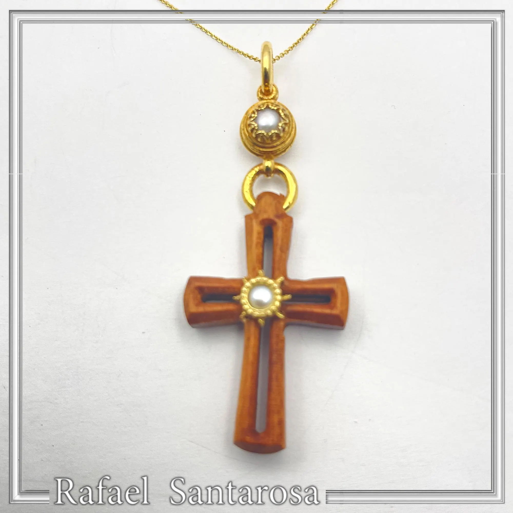 Byzantine Cross Pendant Sterling Silver Gold Filled Mahogany Wood Freshwater Pearl Necklace — additional product image 6 from Rafael Santarosa Fine Jewelry