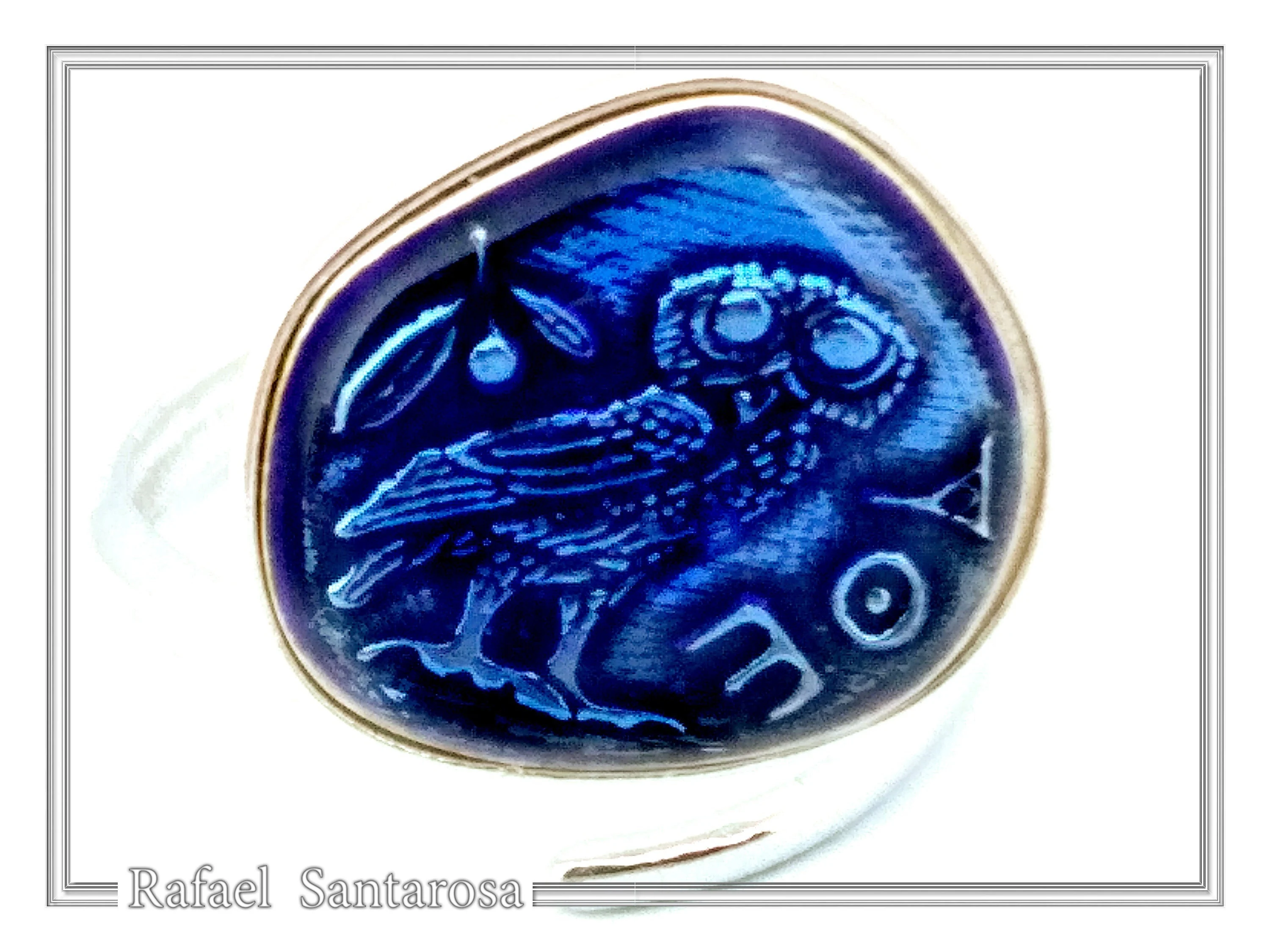 Athena Owl Coin Tetradrachm Ring Museum Replica: Transparent Blue Enamel on Sterling Silver Coin — additional product image 4 from Rafael Santarosa Fine Jewelry