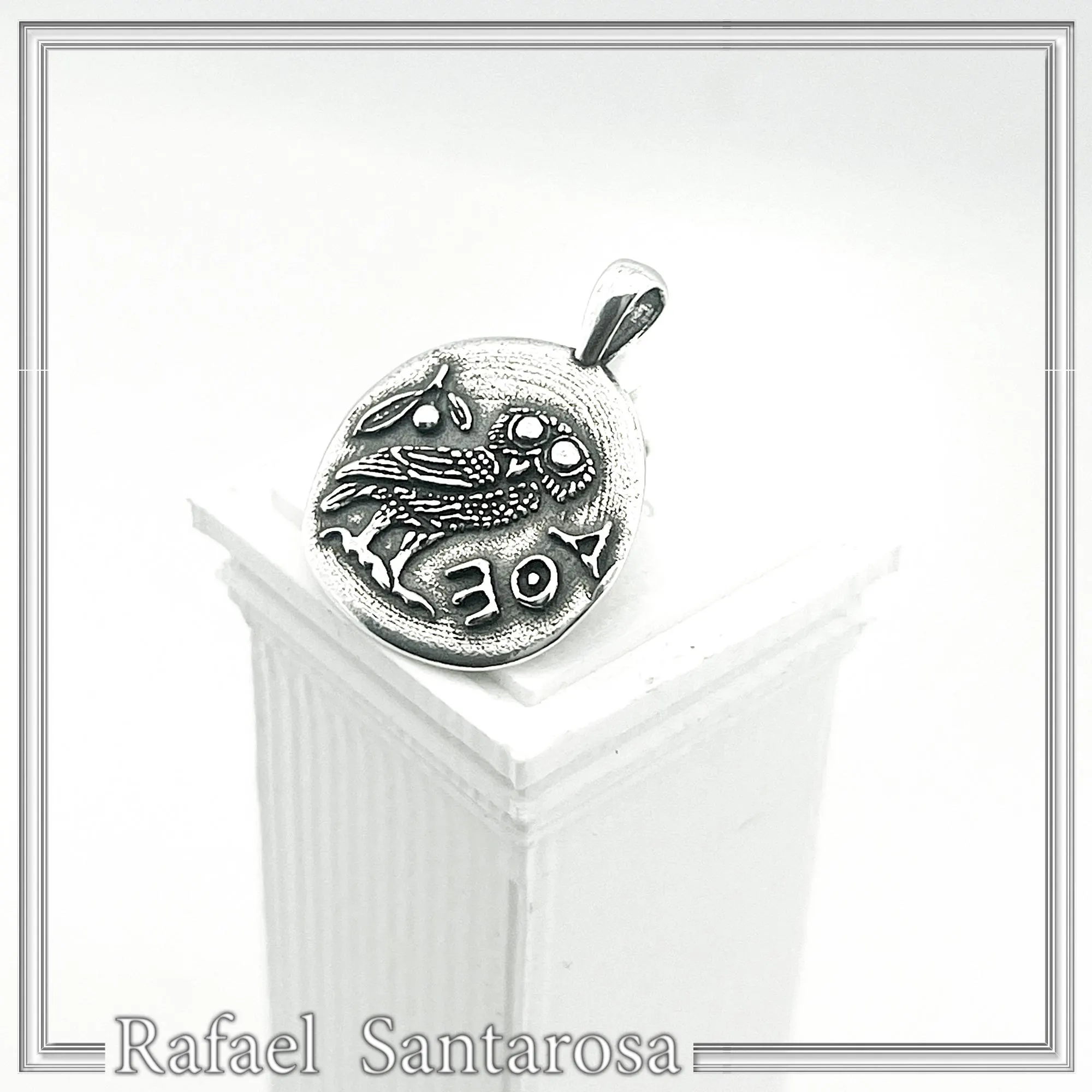 Greek Owl Coin Tetradrachm museum Replica Pendant: Oxidized Sterling Silver — additional product image 5 from Rafael Santarosa Fine Jewelry