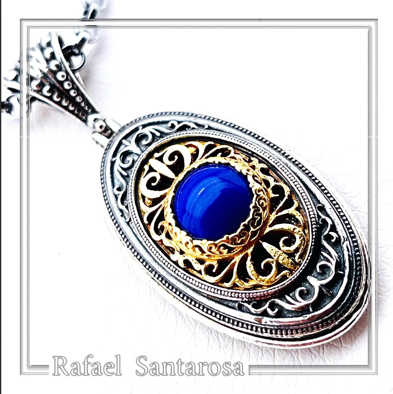 Genuine Lapis Lazuli Byzantine Way Crafted Pendant: Oxidised & Gold-Filled Sterling Silver — additional product image 2 from Rafael Santarosa Fine Jewelry