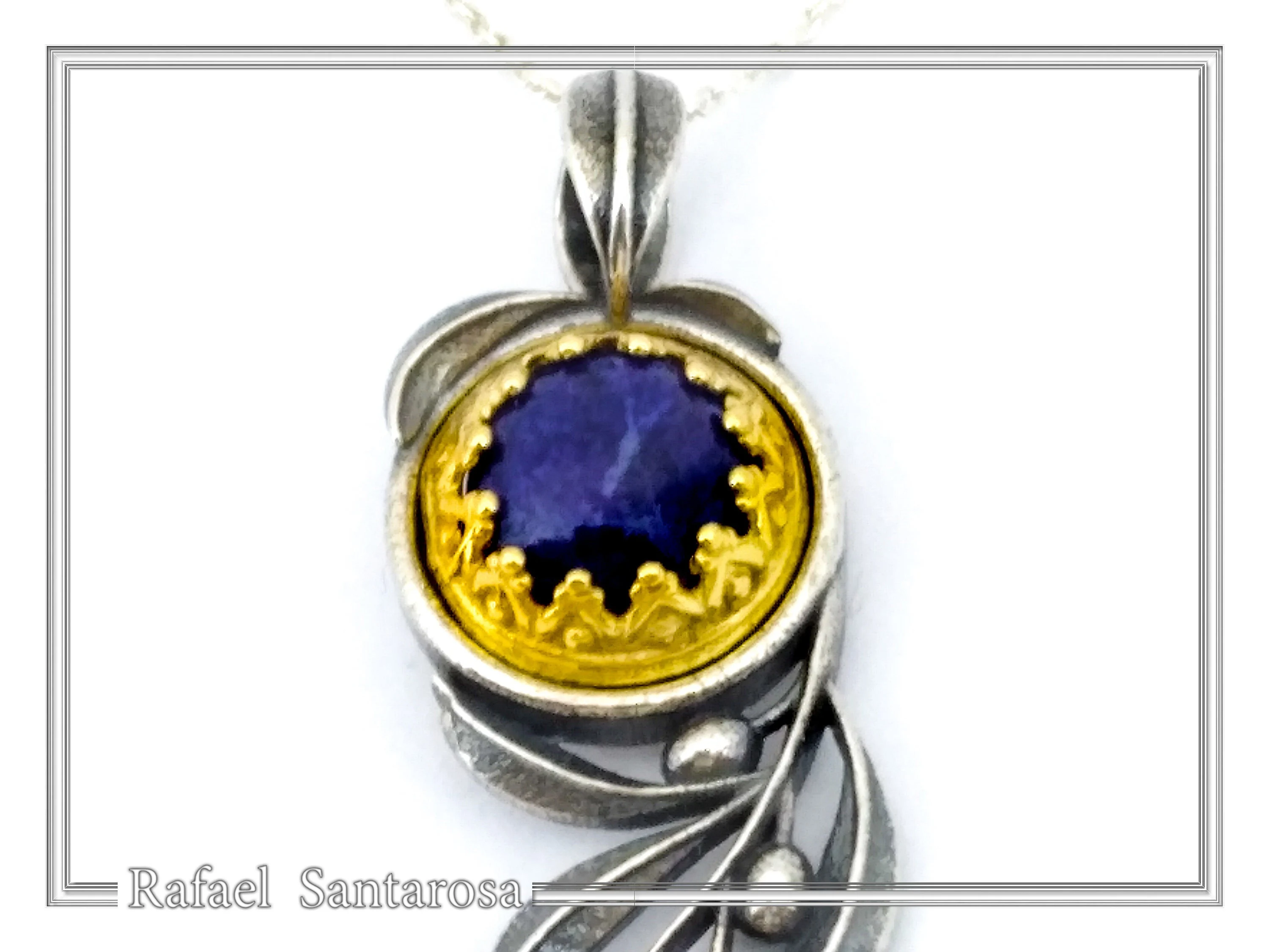 Natural Lapis Olive Leaf Pendant Floral Necklace: Oxidized Sterling Silver 18K Gold Filled Bezel — additional product image 6 from Rafael Santarosa Fine Jewelry