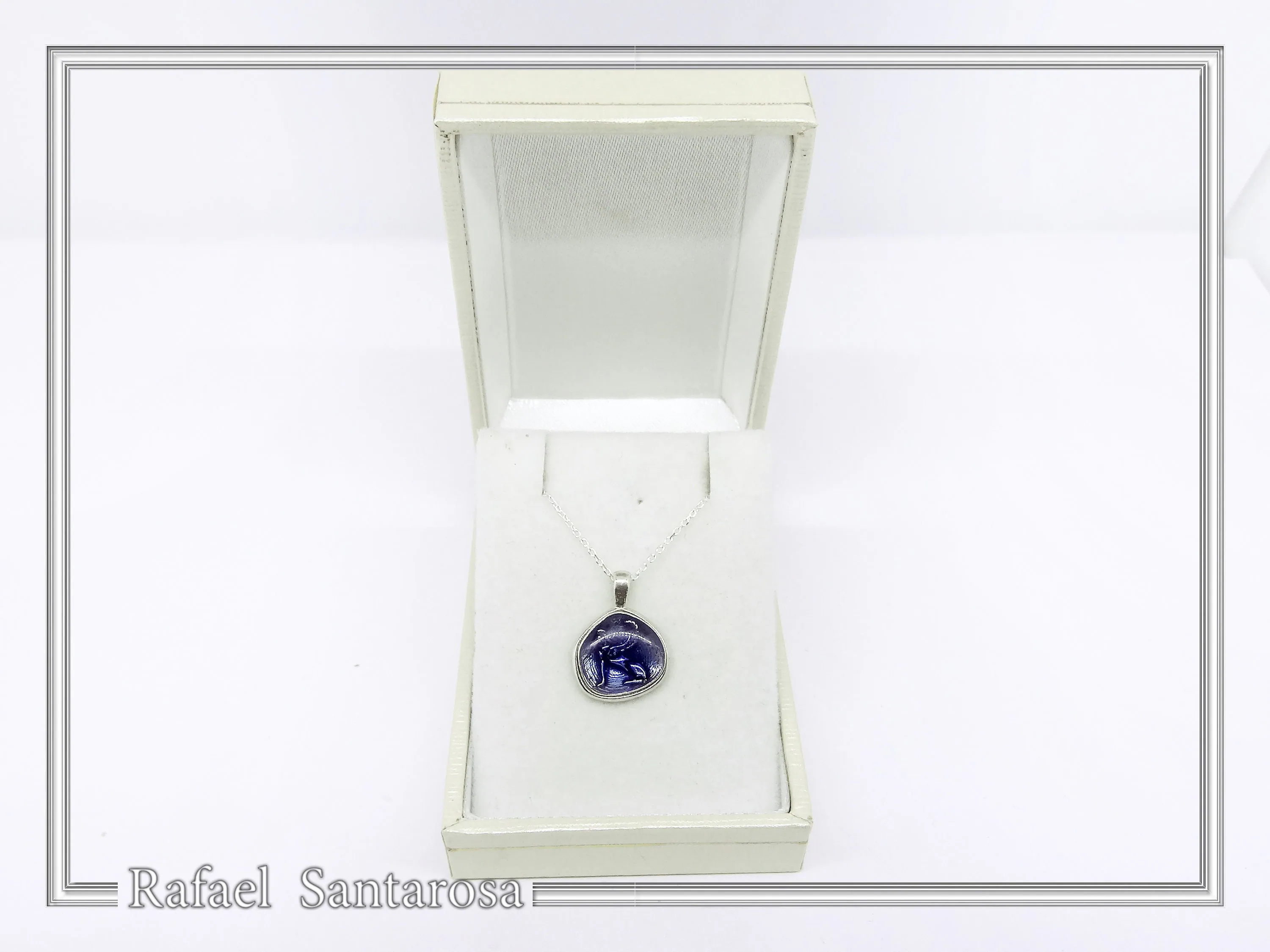 Sphinx of Delphi Greek Coin Necklace: Sky Blue Transparent Enamel on Sterling Silver Coin — additional product image 9 from Rafael Santarosa Fine Jewelry