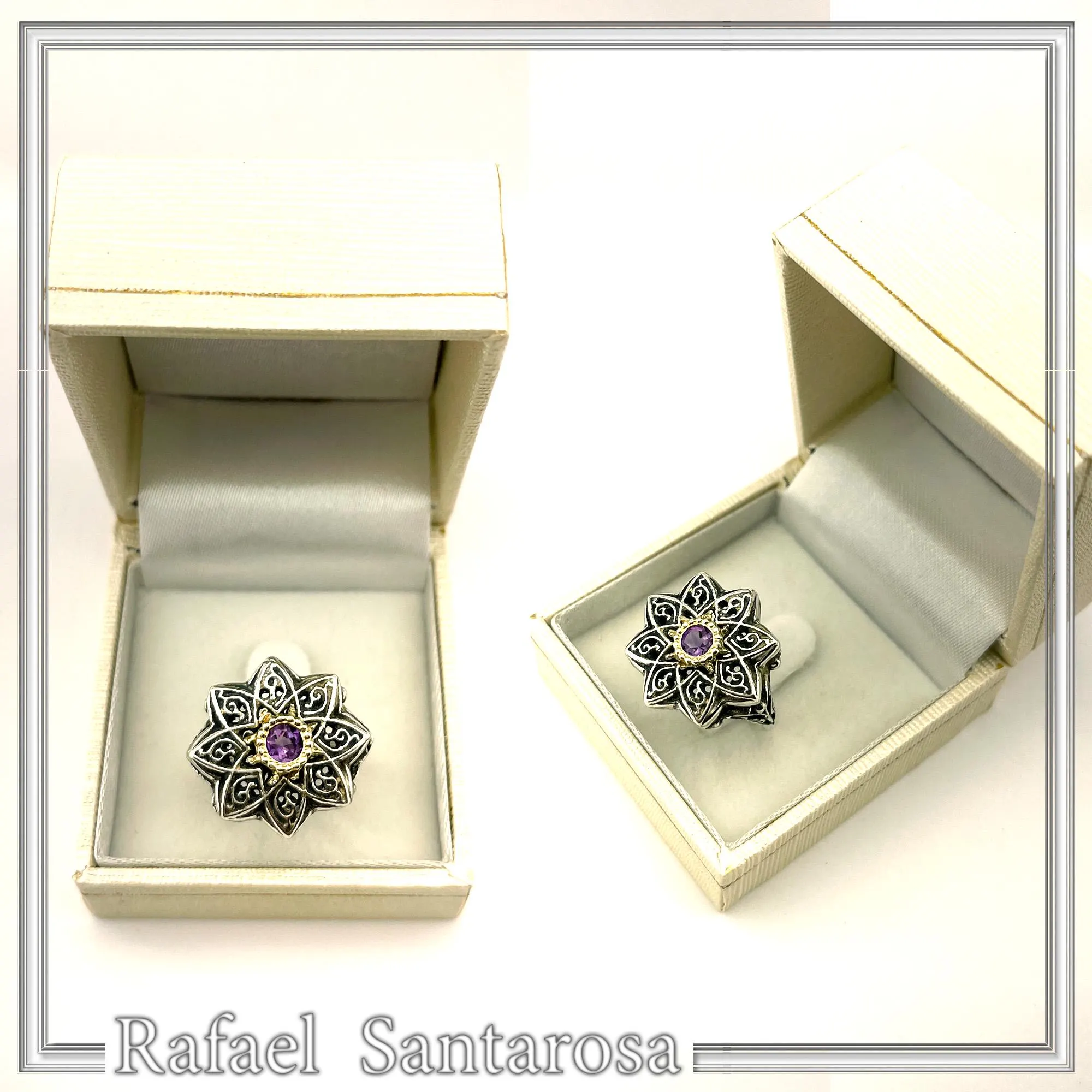 Natural African Amethyst Byzantine Ring: Oxidized Silver & 18k Gold Filled Filigree Bezel — additional product image 10 from Rafael Santarosa Fine Jewelry