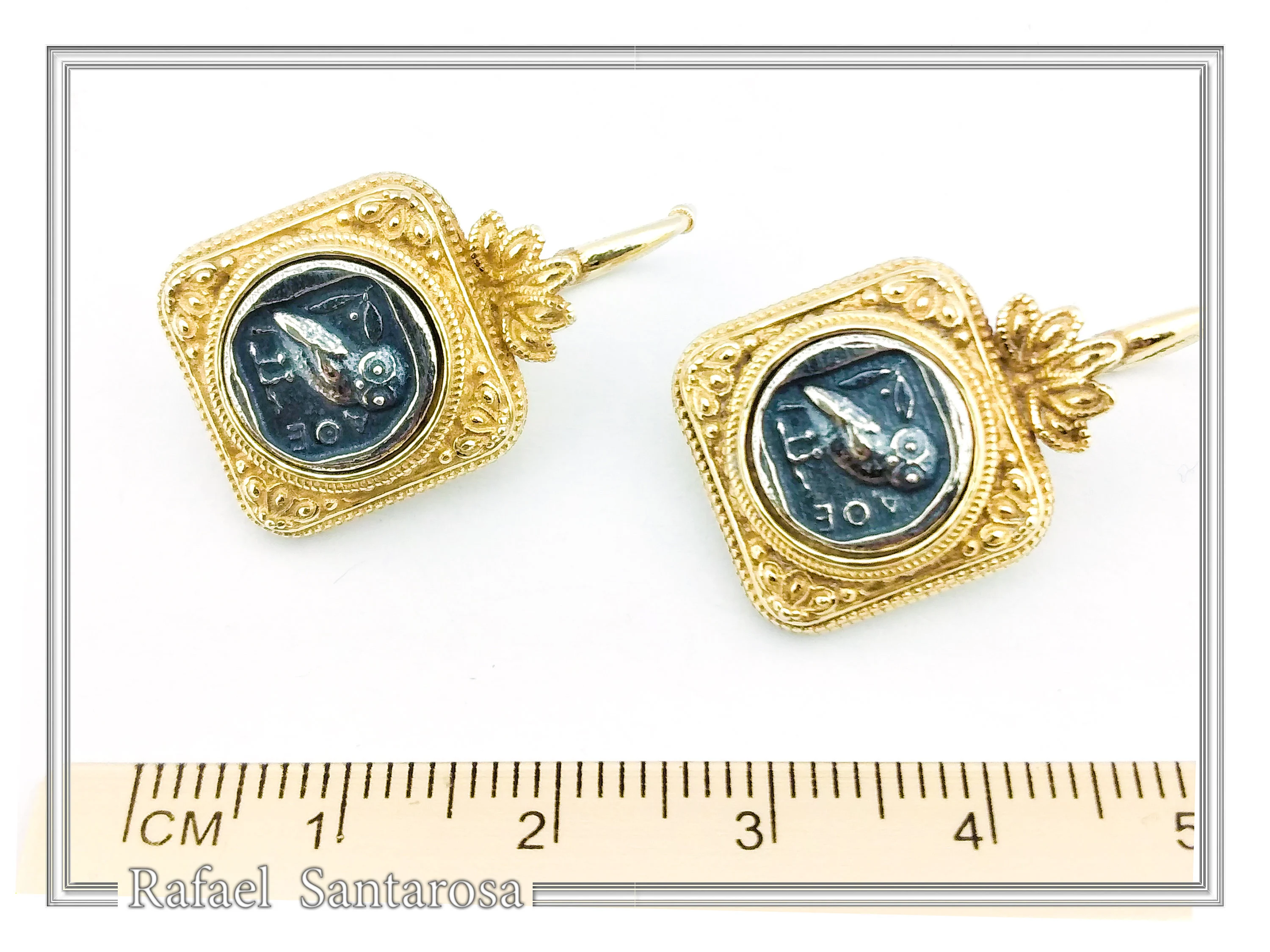 Athena Owl Coin Greek Museum Earrings: 18K Gold Filled Filigree and Oxidised Sterling Silver — additional product image 9 from Rafael Santarosa Fine Jewelry