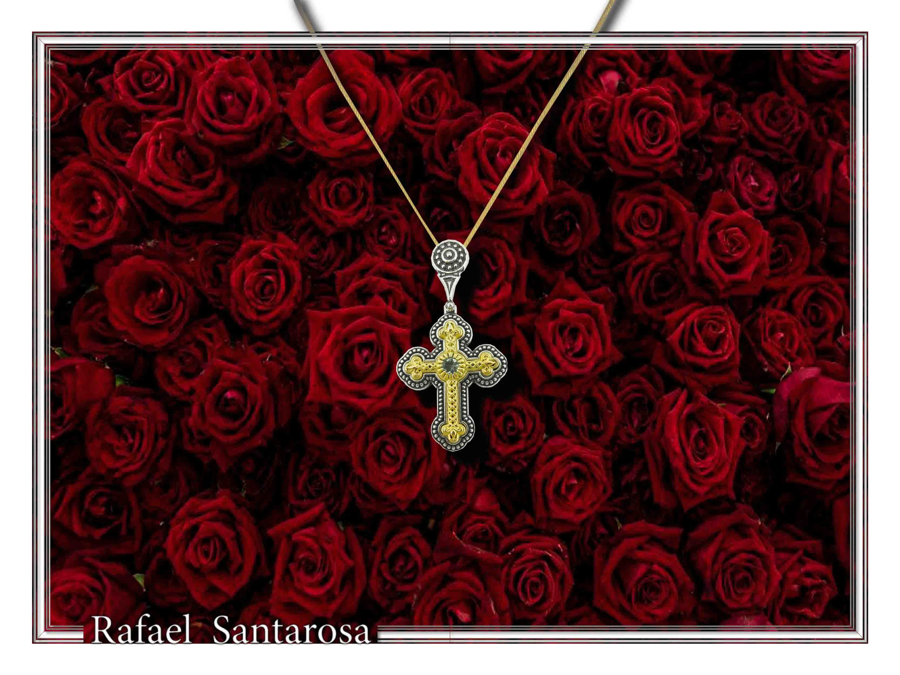 Genuine Sky-Blue Topaz Byzantine Filigree Cross Necklace: Silver oxidised & 18K Gold filled — additional product image 4 from Rafael Santarosa Fine Jewelry