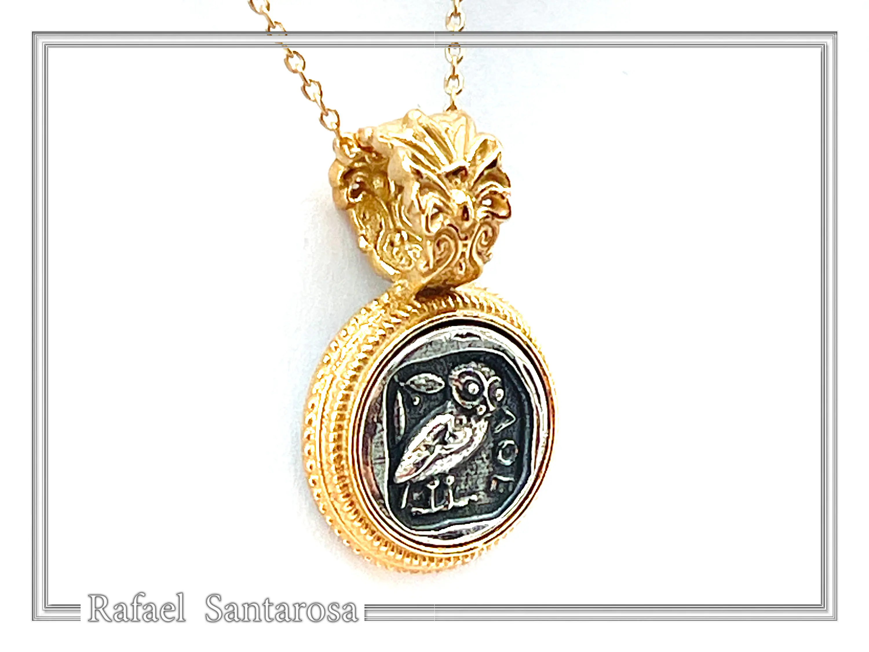 Athena Owl Tetradrachm Coin Antefix Pendant: Sterling Silver oxidised on 18K Gold-Filled Filigree Base — additional product image 4 from Rafael Santarosa Fine Jewelry