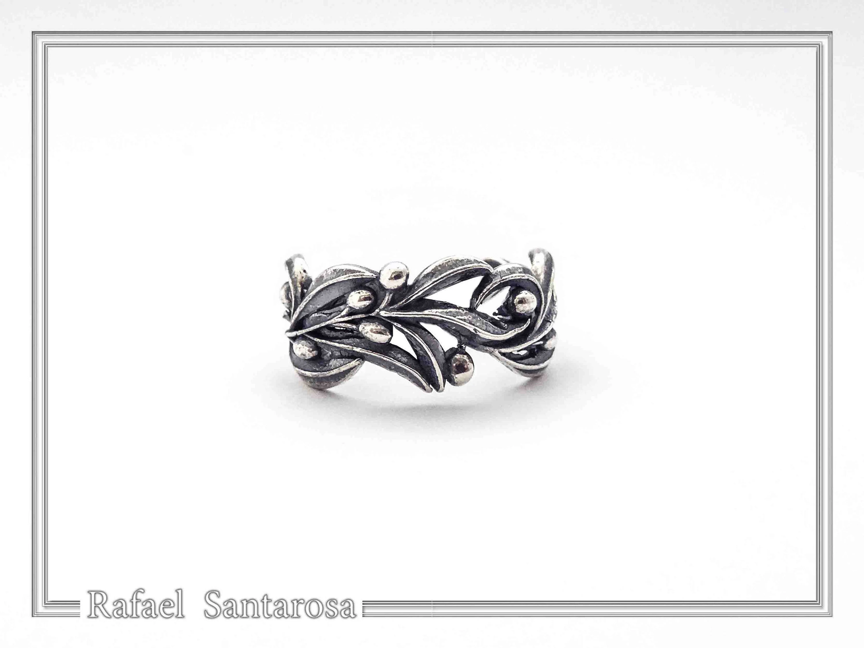 Olive Branch Band Ring, Greek Mythology Floral Jewelry: Oxidized Sterling Silver — additional product image 7 from Rafael Santarosa Fine Jewelry