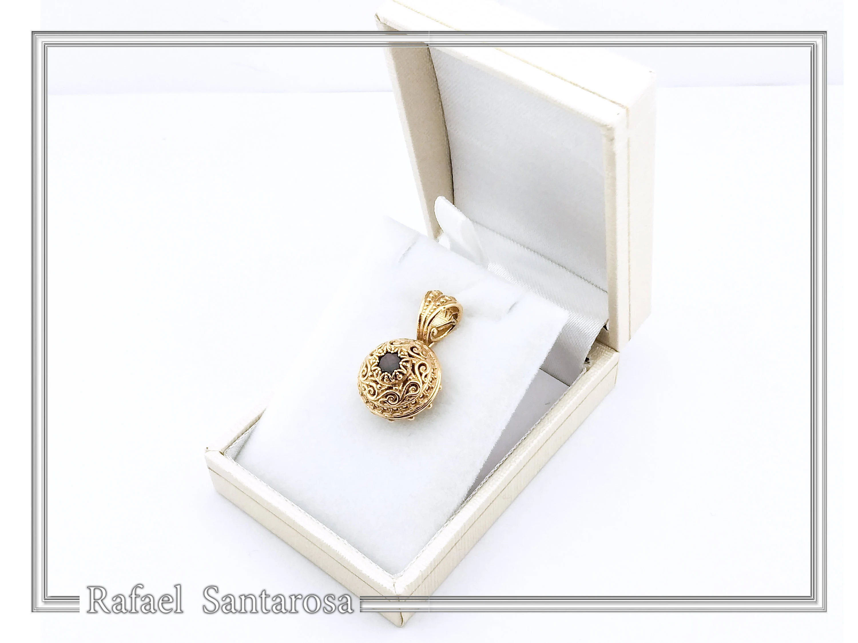 18K Solid Gold Natural Gemstone Byzantine Pendant: Handmade Filigree Necklace, Garnet, Topaz, peridot, Amethyst — additional product image 9 from Rafael Santarosa Fine Jewelry
