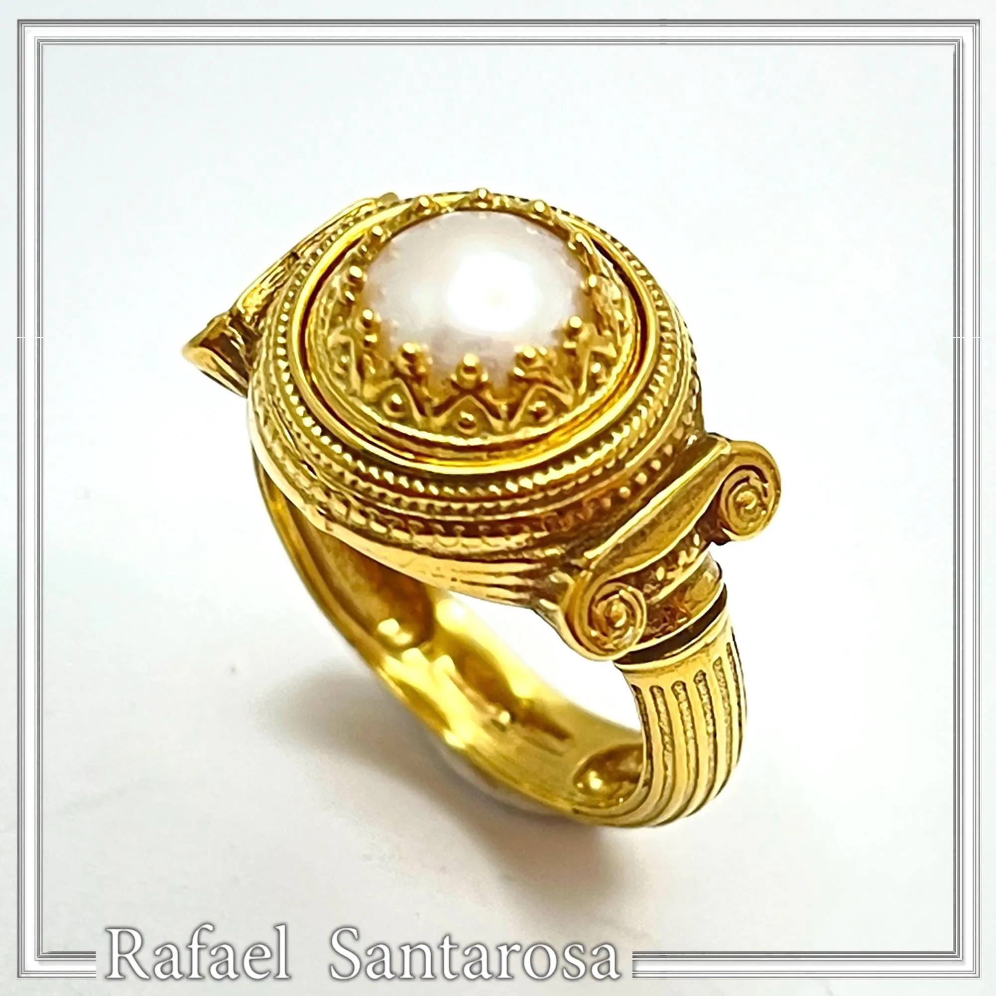Ancient Greek Temple Ionic Column Natural Pearl Ring 18K Gold-Filled Sterling Silver, Museum Inspired