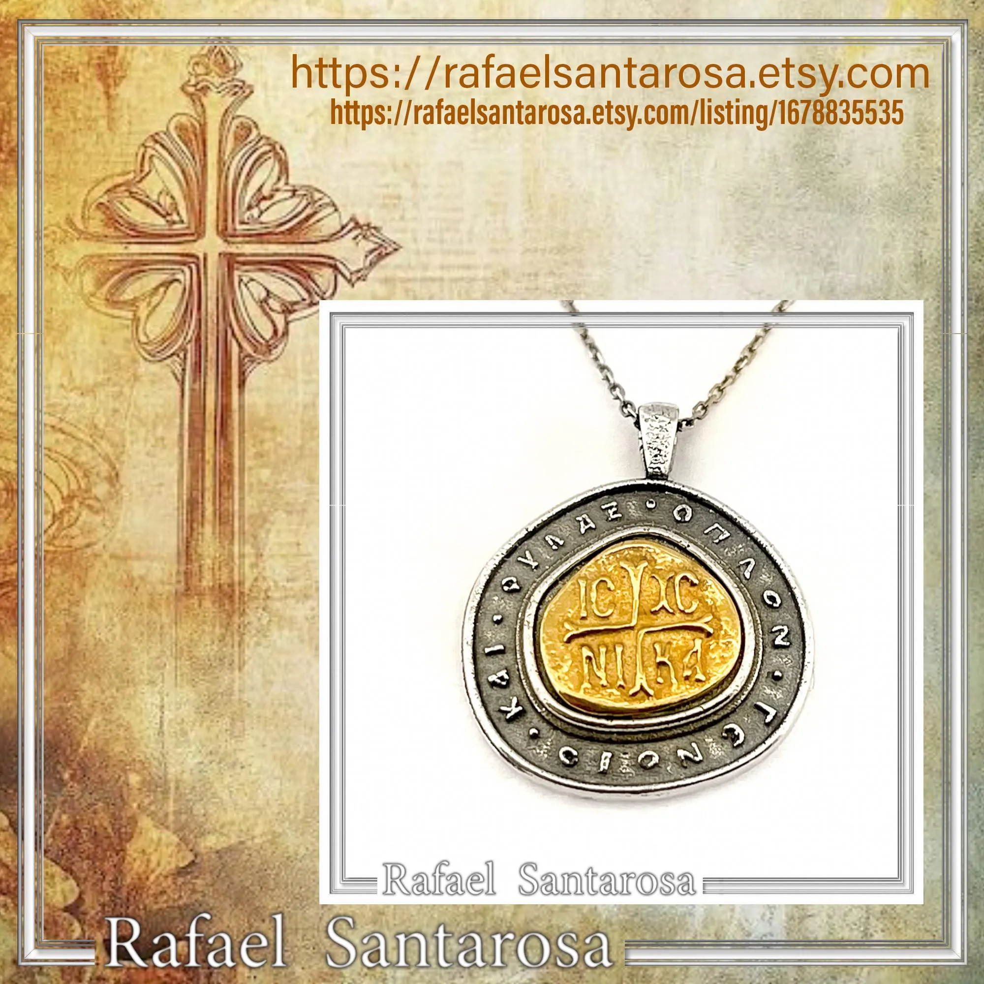 Jesus Christ Victorious Necklace: 18K Gold Christogram & Oxidized Sterling Silver. ICXC NIKA Orthodox Prayer. — additional product image 10 from Rafael Santarosa Fine Jewelry