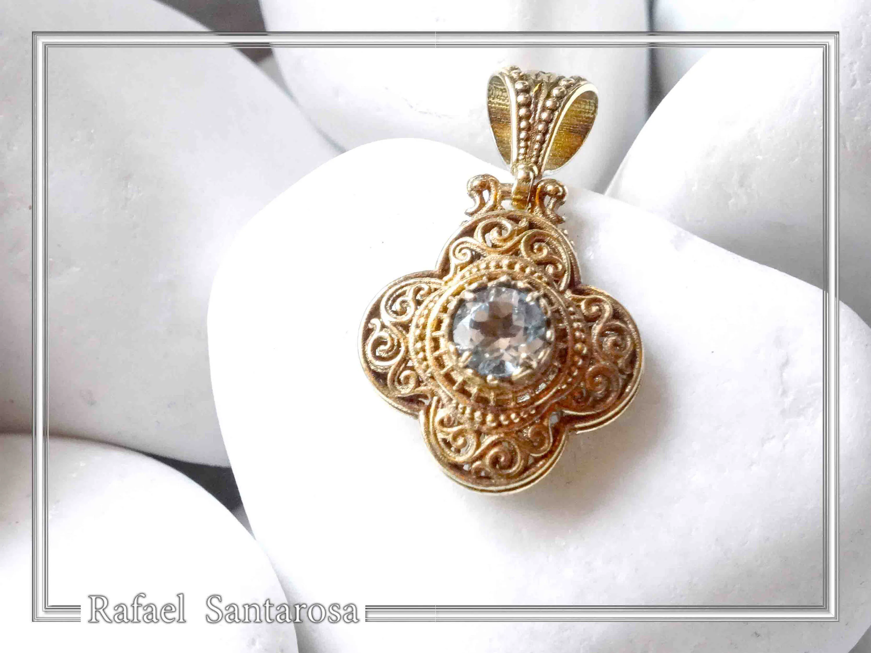 Byzantine Cross Sky-Blue Topaz Pendant: Handmade Filigree 18k Gold Filled Sterling Silver Necklace — additional product image 5 from Rafael Santarosa Fine Jewelry