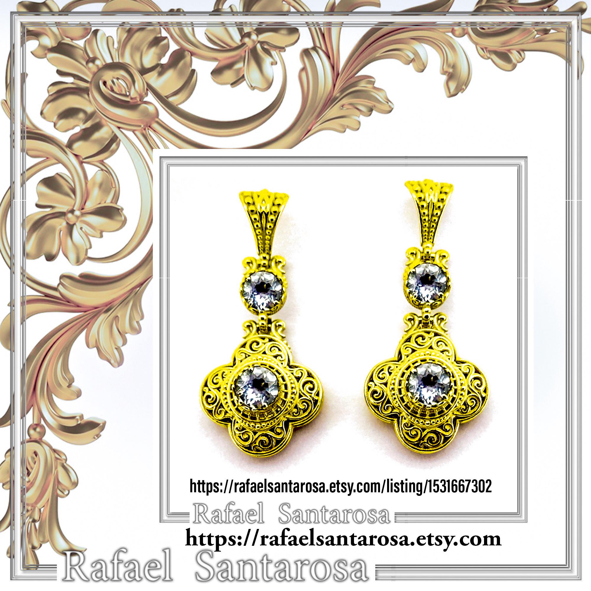18K Solid Gold Filigree Byzantine Dangle Earrings with Natural Sky-Blue Topaz Brilliant Cut — additional product image 10 from Rafael Santarosa Fine Jewelry
