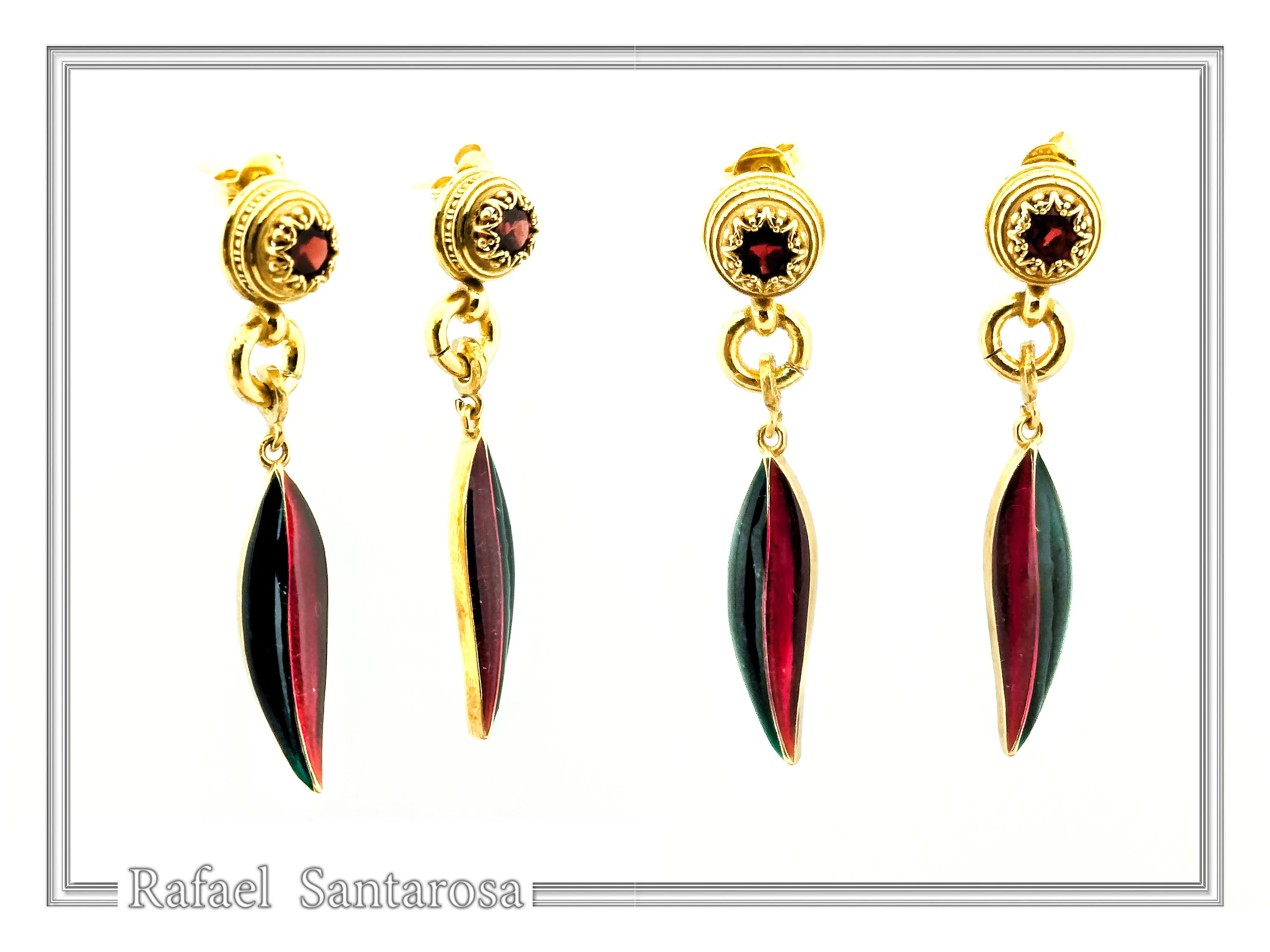 Olive Leaf Floral Dangle & Drop Earrings: Transparent Enamel, Natural Garnet, 18K Gold Filled Silver — additional product image 7 from Rafael Santarosa Fine Jewelry