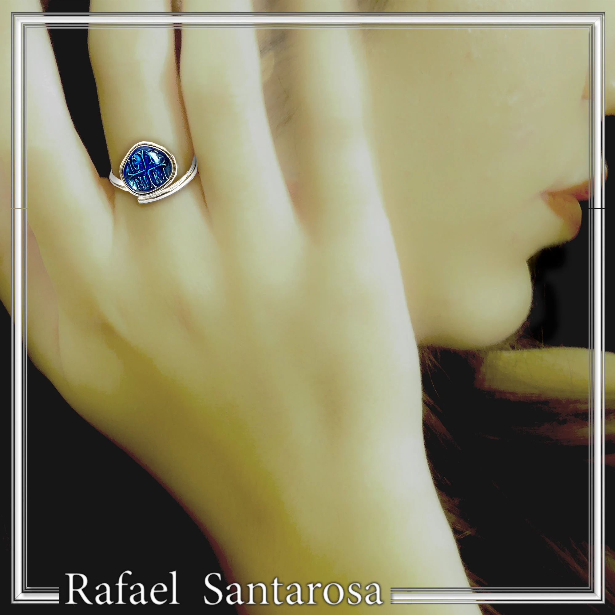 ICXC NIKA "Jesus Christ Conquers" Blue Enamel Christogram Talisman Ring: Solid Sterling Silver — additional product image 2 from Rafael Santarosa Fine Jewelry