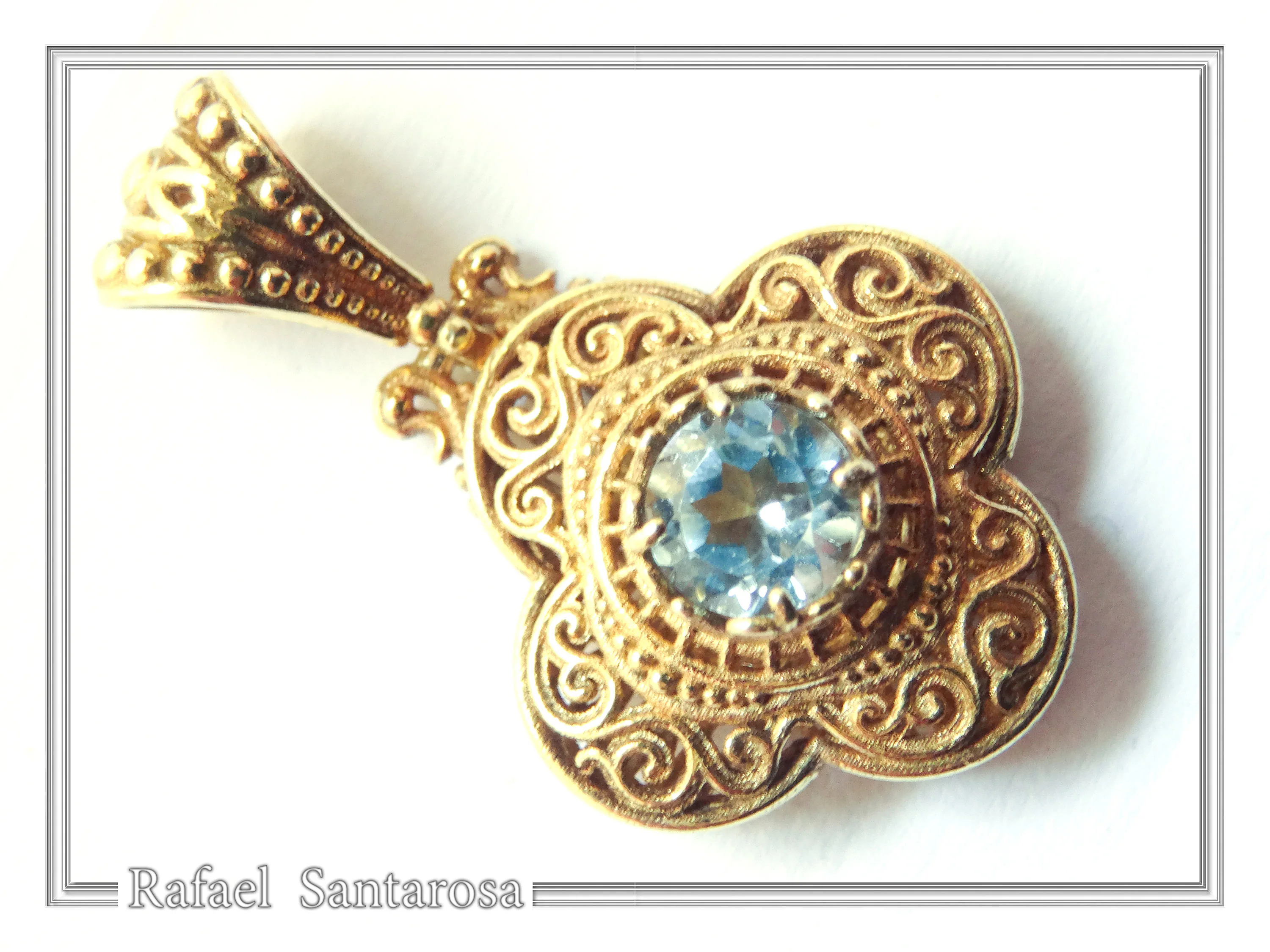 Byzantine Cross Sky-Blue Topaz Pendant: Handmade Filigree 18k Gold Filled Sterling Silver Necklace — additional product image 4 from Rafael Santarosa Fine Jewelry