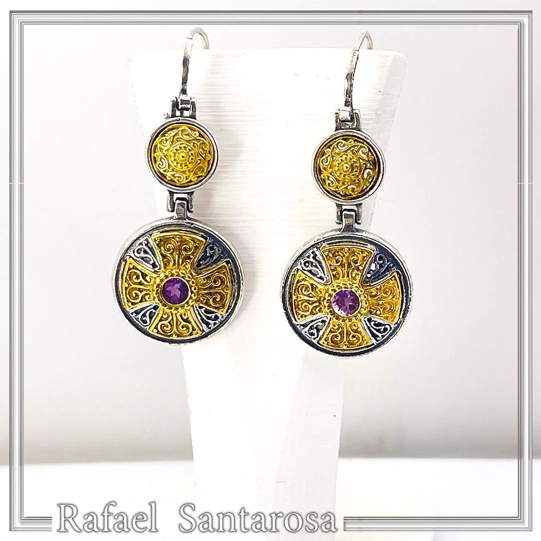 Byzantine Cross Drop Earrings Sterling Silver Oxidised and 18k Gold Filled African Amethyst — additional product image 8 from Rafael Santarosa Fine Jewelry
