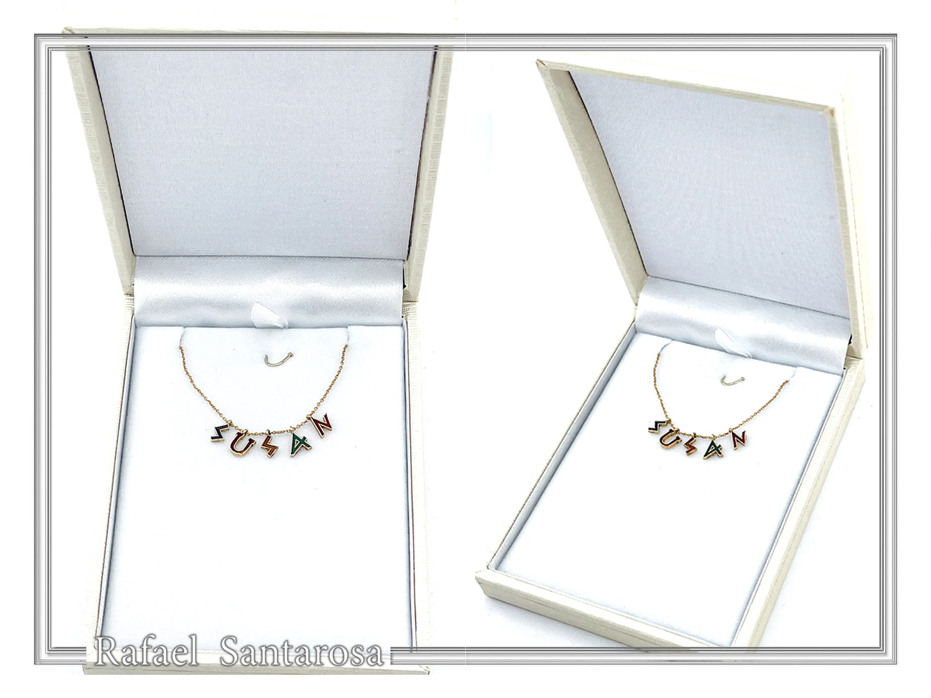 Personalized "Susan" Name Necklace: Multicolored Enamel on Greek Font Letter Silver 18K Gold Filled — additional product image 8 from Rafael Santarosa Fine Jewelry