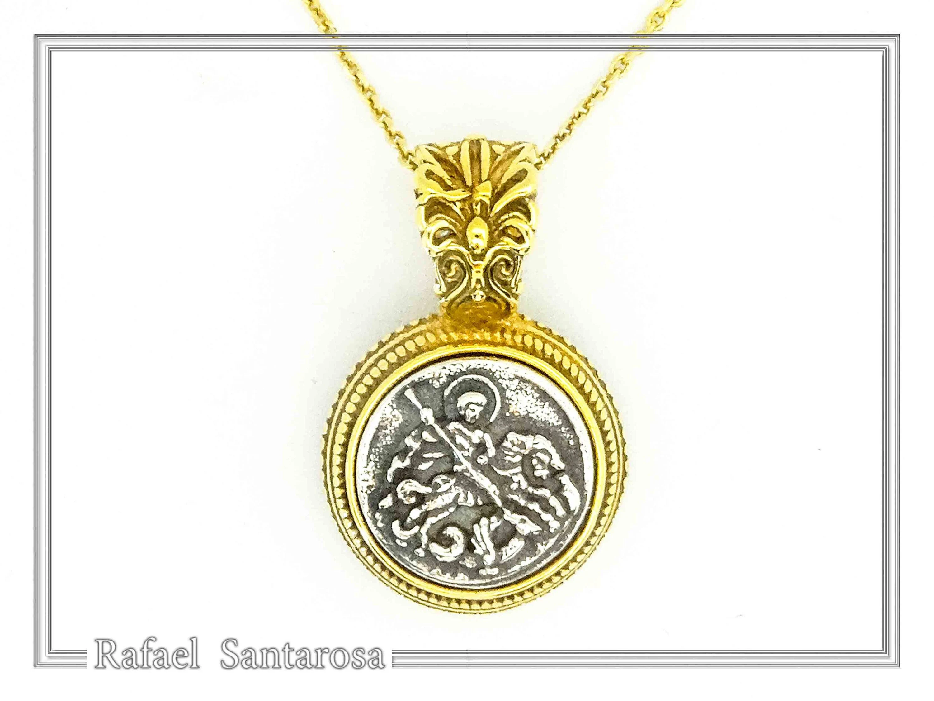 St. George Killing Dragon Jesus Christ Talisman Pendant: Oxidized and 18K Gold Filled Silver — additional product image 4 from Rafael Santarosa Fine Jewelry