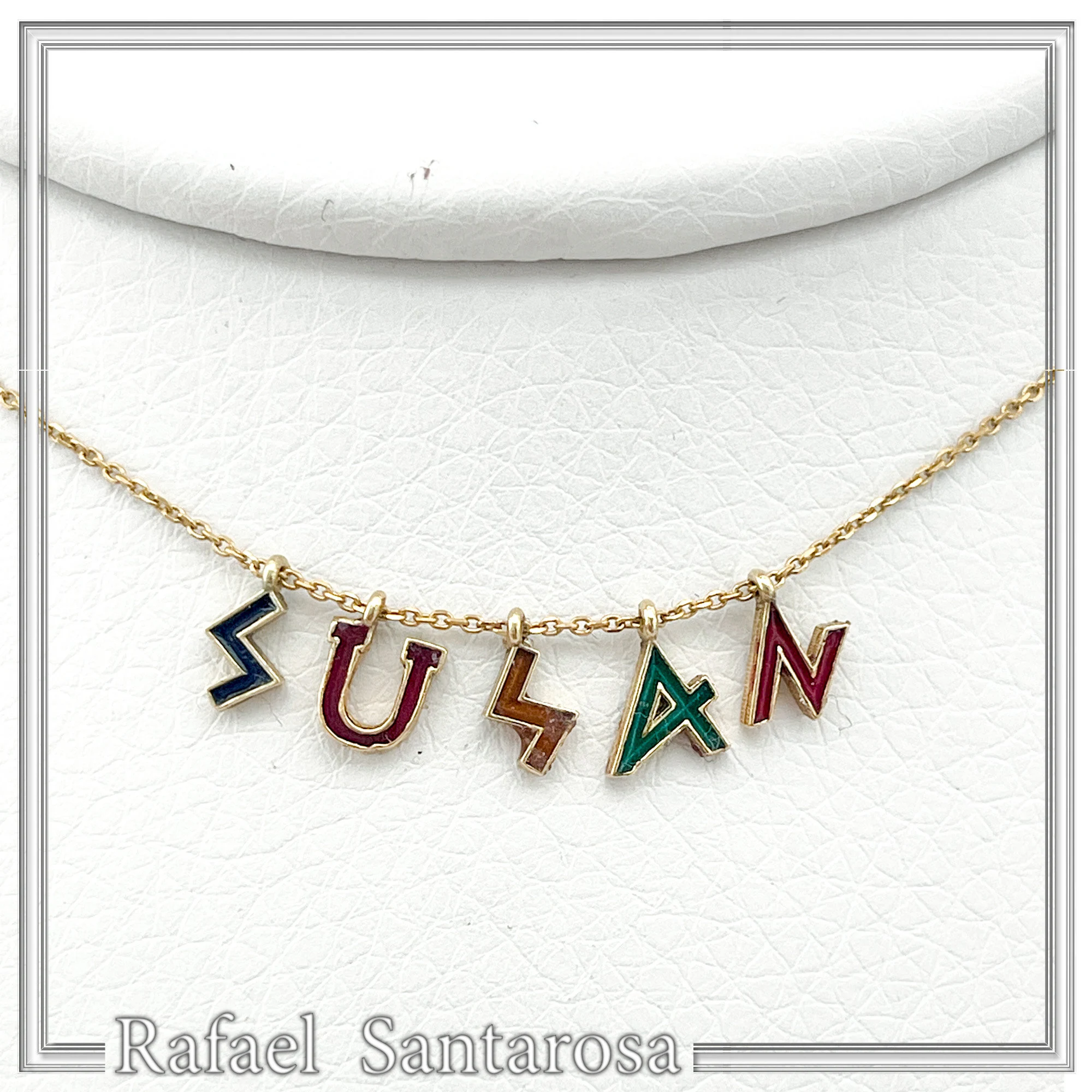 Personalized "Susan" Name Necklace: Multicolored Enamel on Greek Font Letter Silver 18K Gold Filled — additional product image 9 from Rafael Santarosa Fine Jewelry