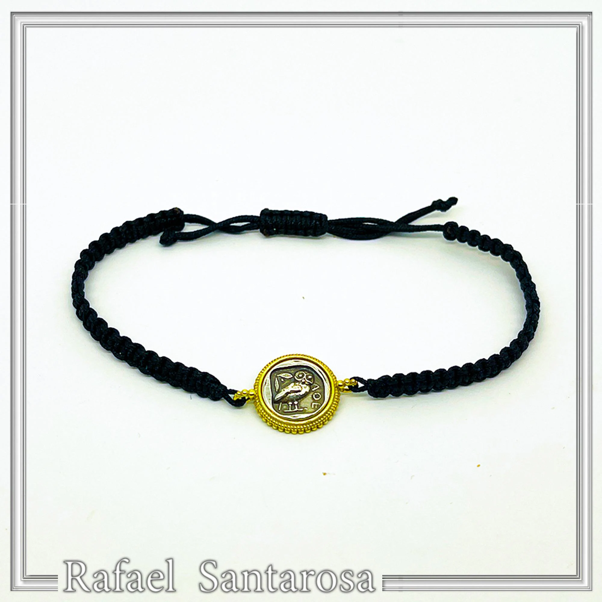 Owl Coin Bracelet Macrame Cord 18K Gold Filigree Base, Oxidized Sterling Silver Tetradrachm coin — additional product image 2 from Rafael Santarosa Fine Jewelry