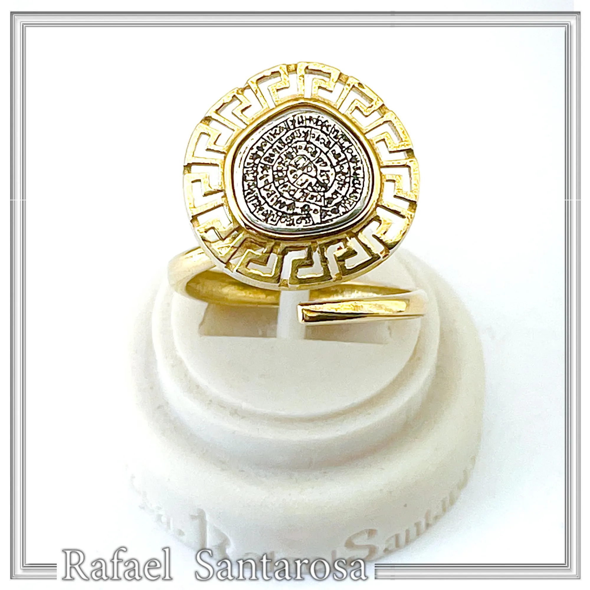 Greek Calendar Phaistos Disc on Greek Key Ring: Oxidized Sterling Silver, 18K Gold Filled — additional product image 4 from Rafael Santarosa Fine Jewelry