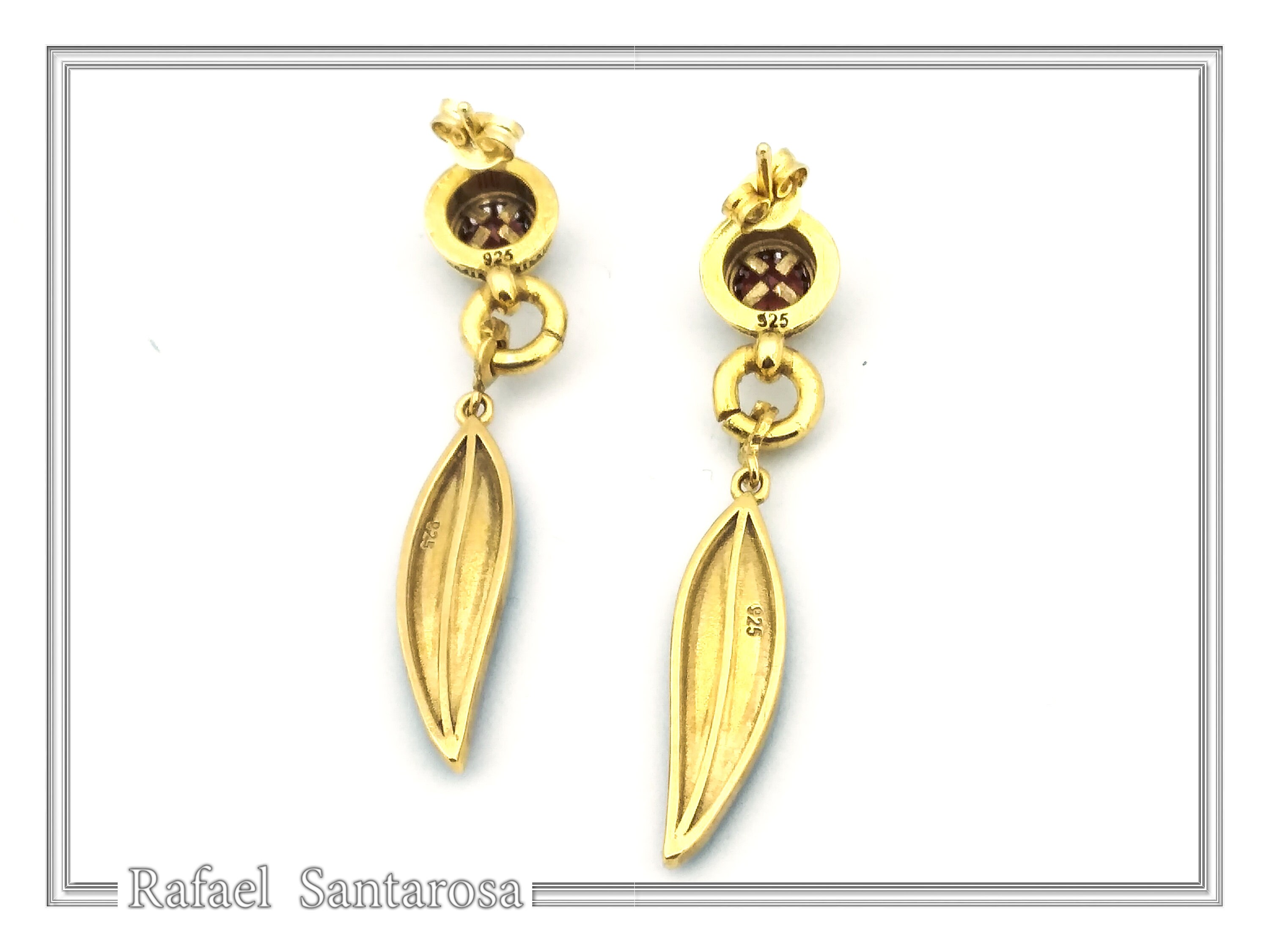 Olive Leaf Floral Dangle & Drop Earrings: Transparent Enamel, Natural Garnet, 18K Gold Filled Silver — additional product image 8 from Rafael Santarosa Fine Jewelry
