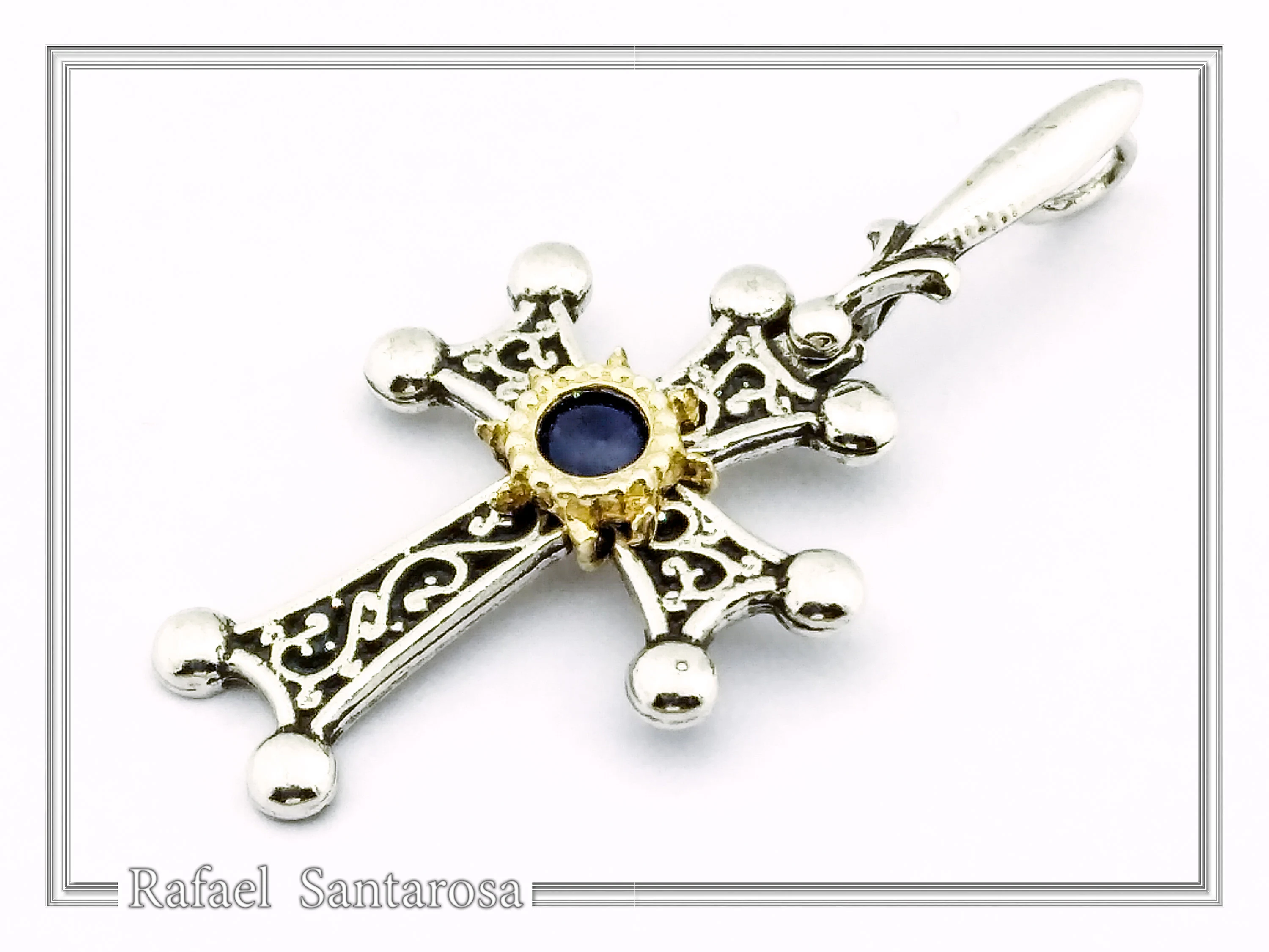 Byzantine Silver Hand engraved Cross with Genuine Amethyst: Oxidized silver, 18K gold Filled Bezel — additional product image 3 from Rafael Santarosa Fine Jewelry