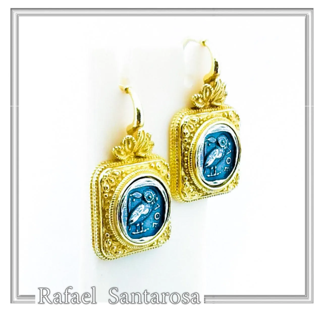 Athena Owl Coin Greek Museum Earrings: 18K Gold Filled Filigree and Oxidised Sterling Silver
