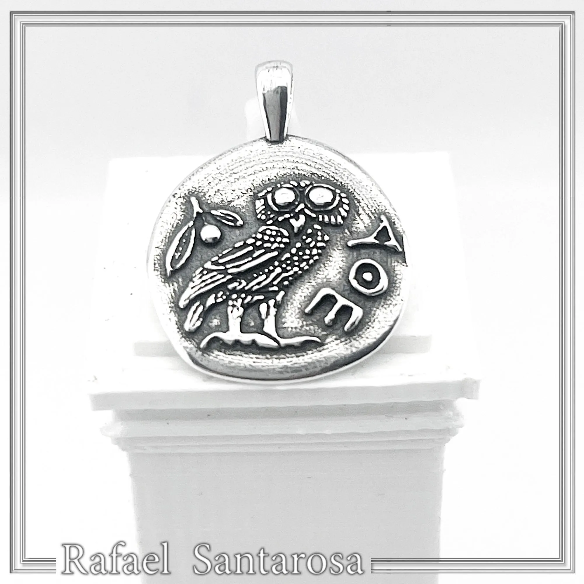 Greek Owl Coin Tetradrachm museum Replica Pendant: Oxidized Sterling Silver — additional product image 4 from Rafael Santarosa Fine Jewelry