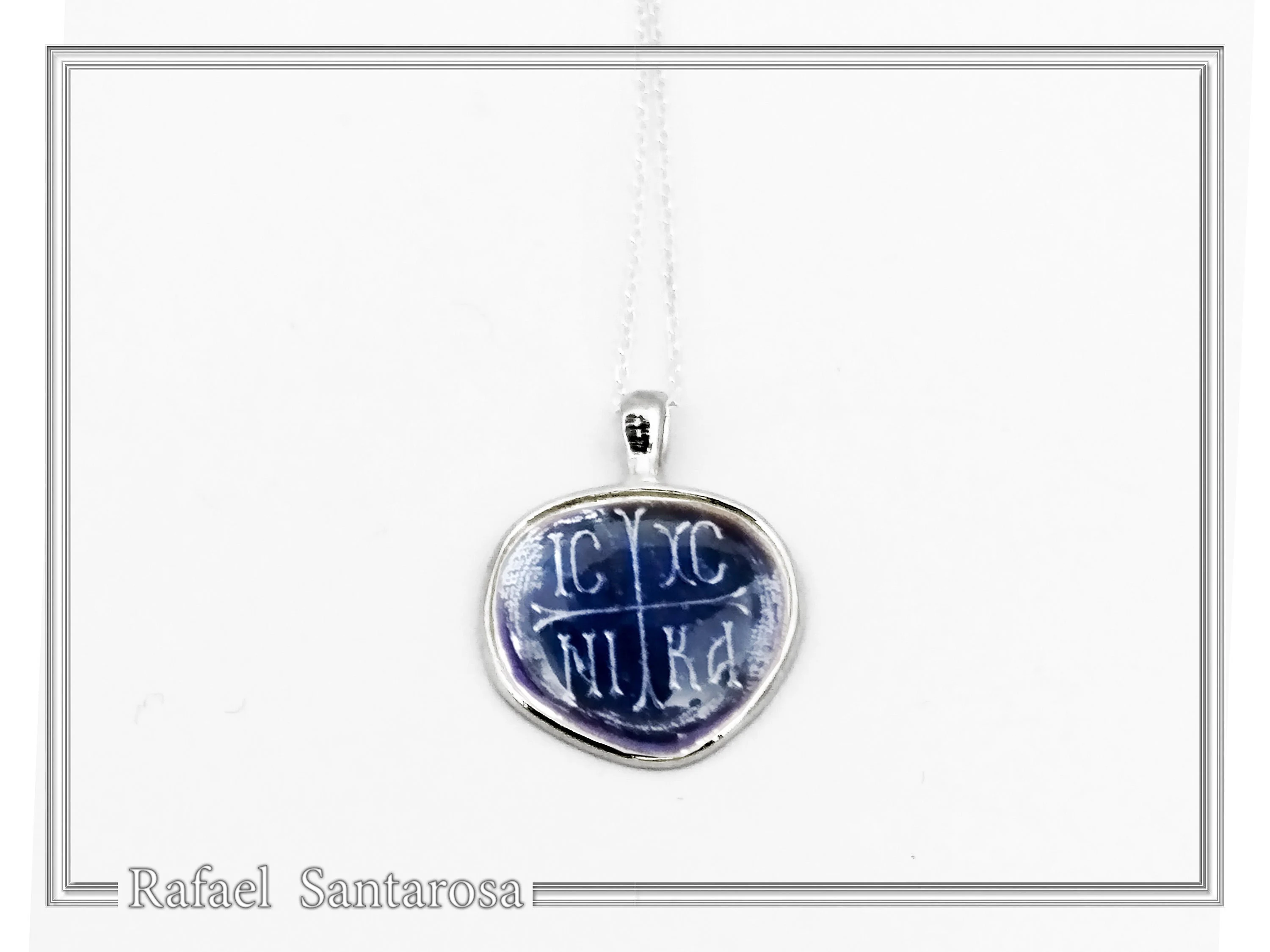 ICXC NIKA Constantinato Christogram Christian Cross Talisman Pendant: Blue Transparent Enamel Silver Necklace — additional product image 4 from Rafael Santarosa Fine Jewelry