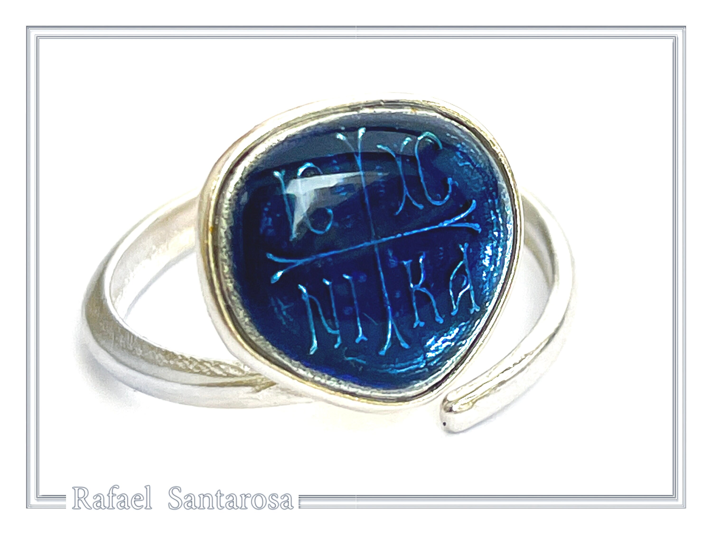 ICXC NIKA "Jesus Christ Conquers" Blue Enamel Christogram Talisman Ring: Solid Sterling Silver — additional product image 3 from Rafael Santarosa Fine Jewelry