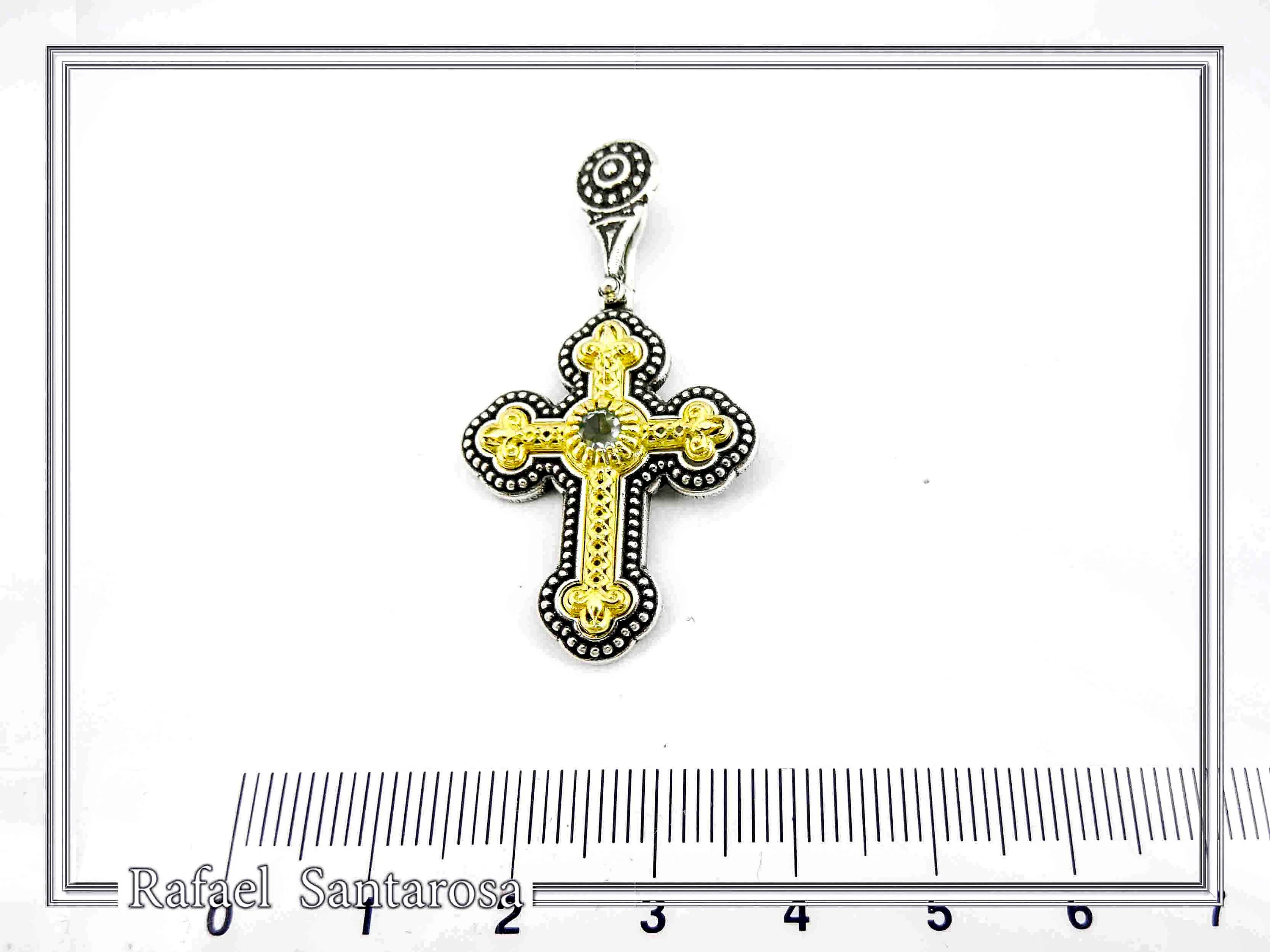 Genuine Sky-Blue Topaz Byzantine Filigree Cross Necklace: Silver oxidised & 18K Gold filled — additional product image 8 from Rafael Santarosa Fine Jewelry