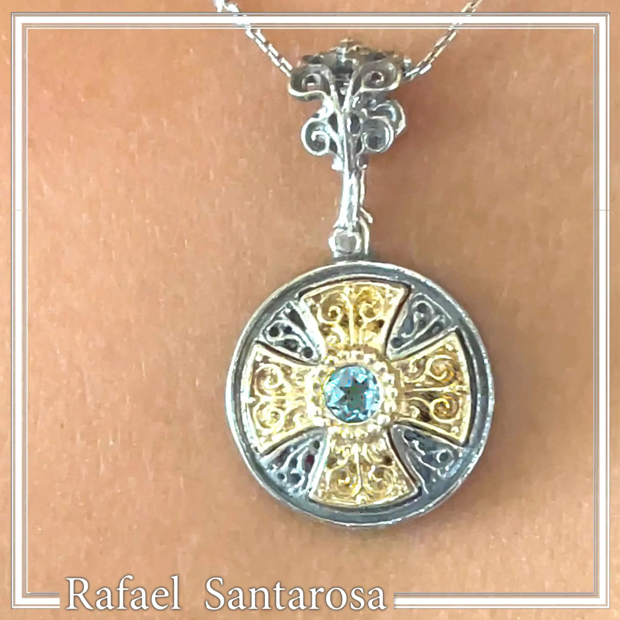 Natural Sky-Blue Topaz Cross Pendant: Sterling Silver 18K Gold Filled Byzantine Filigree — additional product image 3 from Rafael Santarosa Fine Jewelry