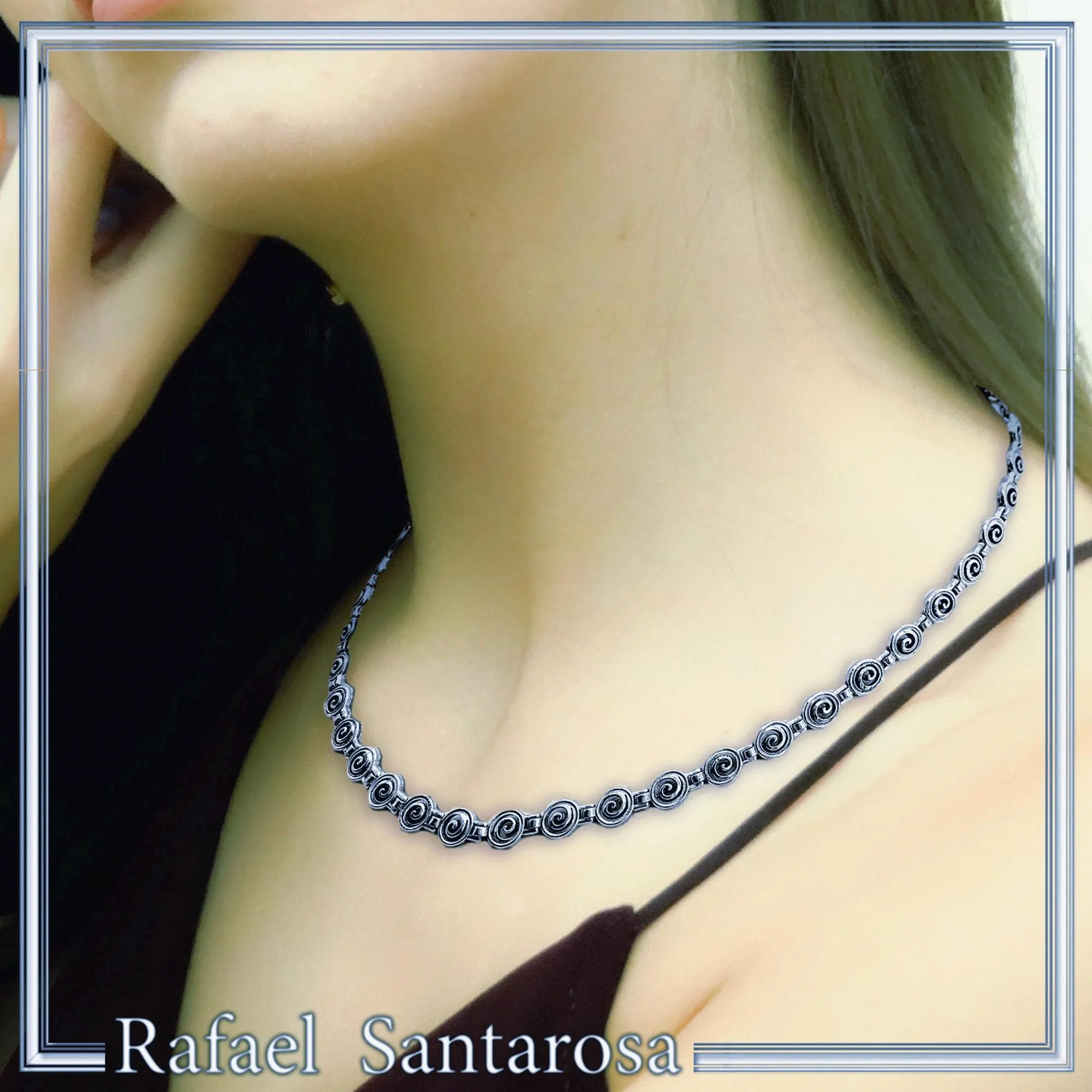 Spiral Eternity Symbol Beaded Necklace: Ancient Greek Museum Replica Jewelry Oxidized Sterling Silver — additional product image 2 from Rafael Santarosa Fine Jewelry