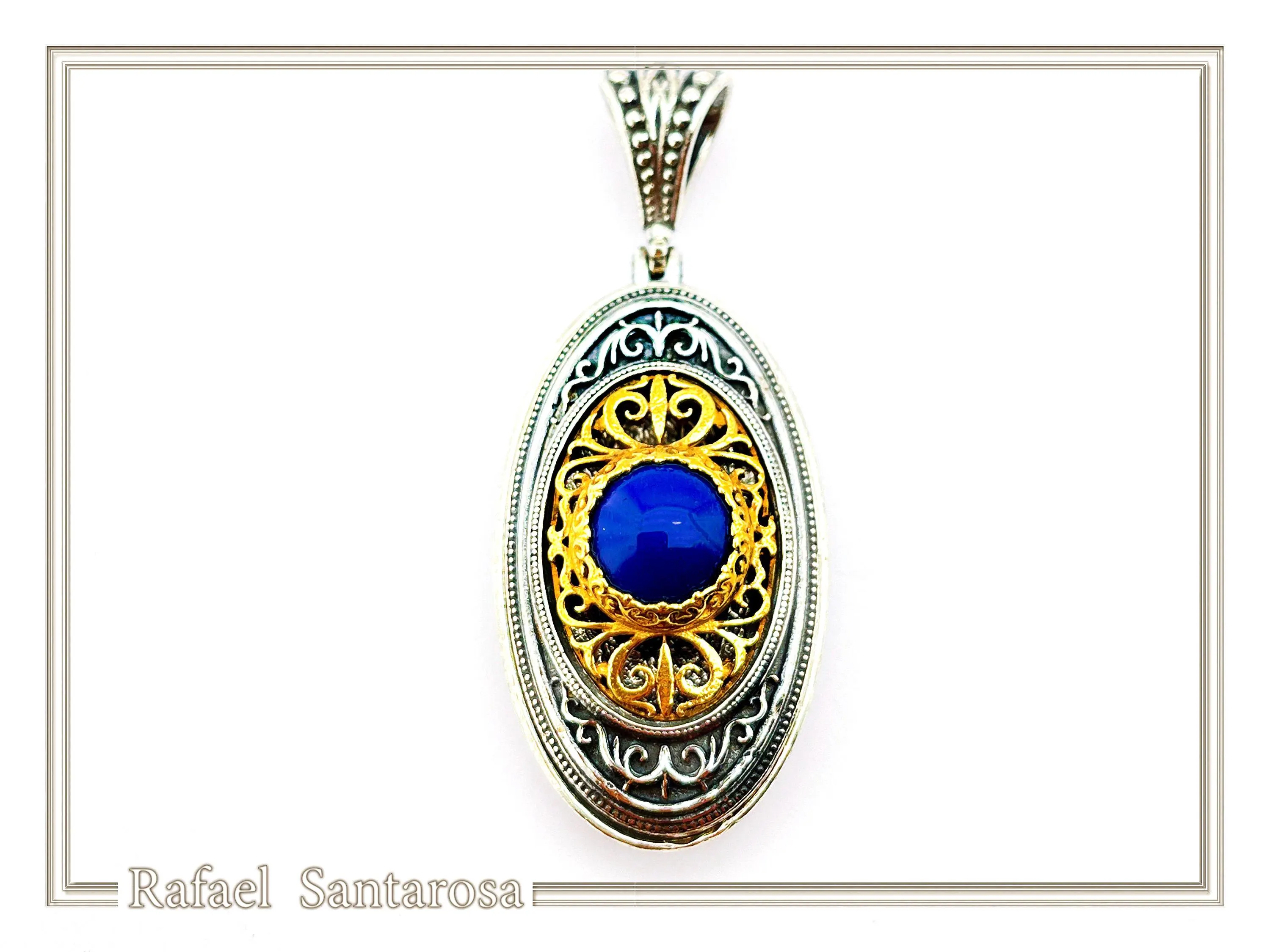 Genuine Lapis Lazuli Byzantine Way Crafted Pendant: Oxidised & Gold-Filled Sterling Silver — additional product image 3 from Rafael Santarosa Fine Jewelry