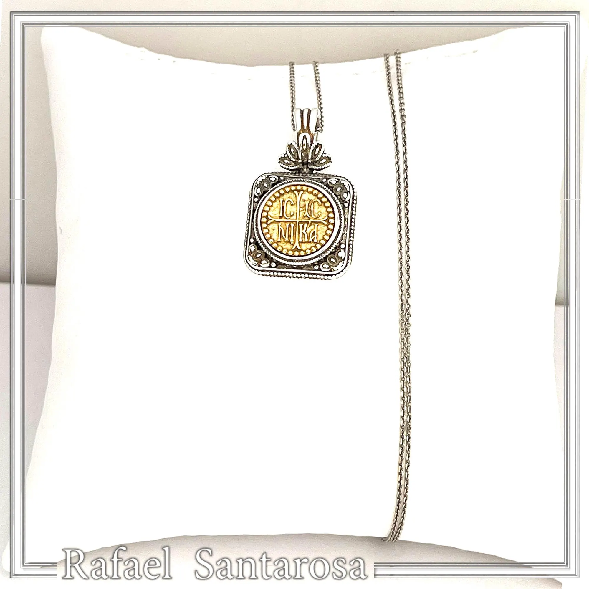 Jesus Christ Victorious Necklace: 18K Gold Christogram on Oxidized Silver. ICXC NIKA Orthodox Prayer — additional product image 5 from Rafael Santarosa Fine Jewelry