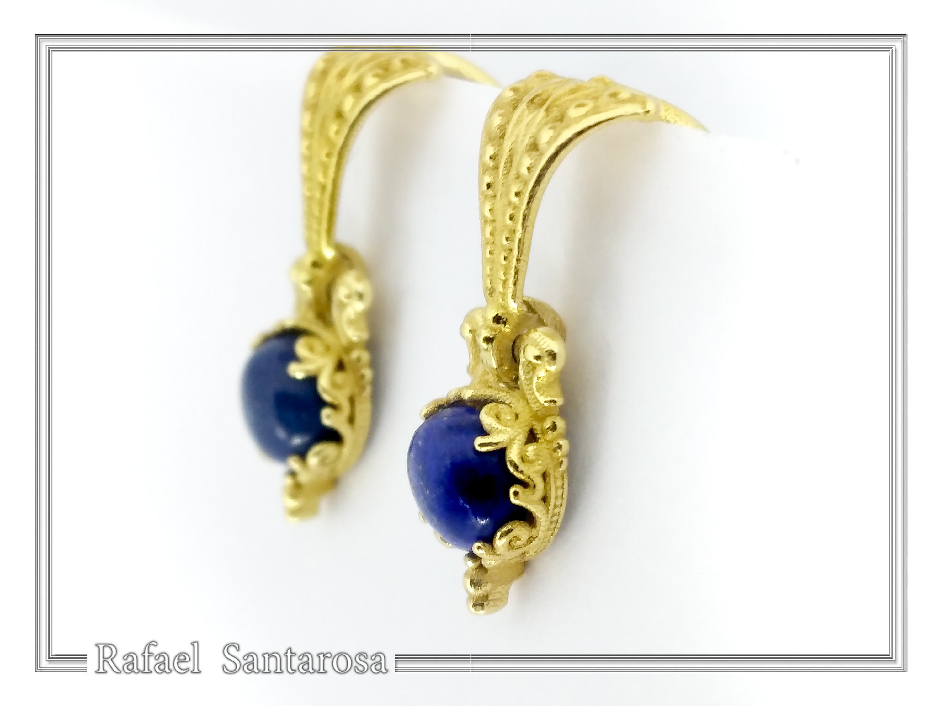 Byzantine Filigree Genuine Lapis Lazuli Delicate Earrings: Sterling Silver 18K Gold-Filled — additional product image 4 from Rafael Santarosa Fine Jewelry