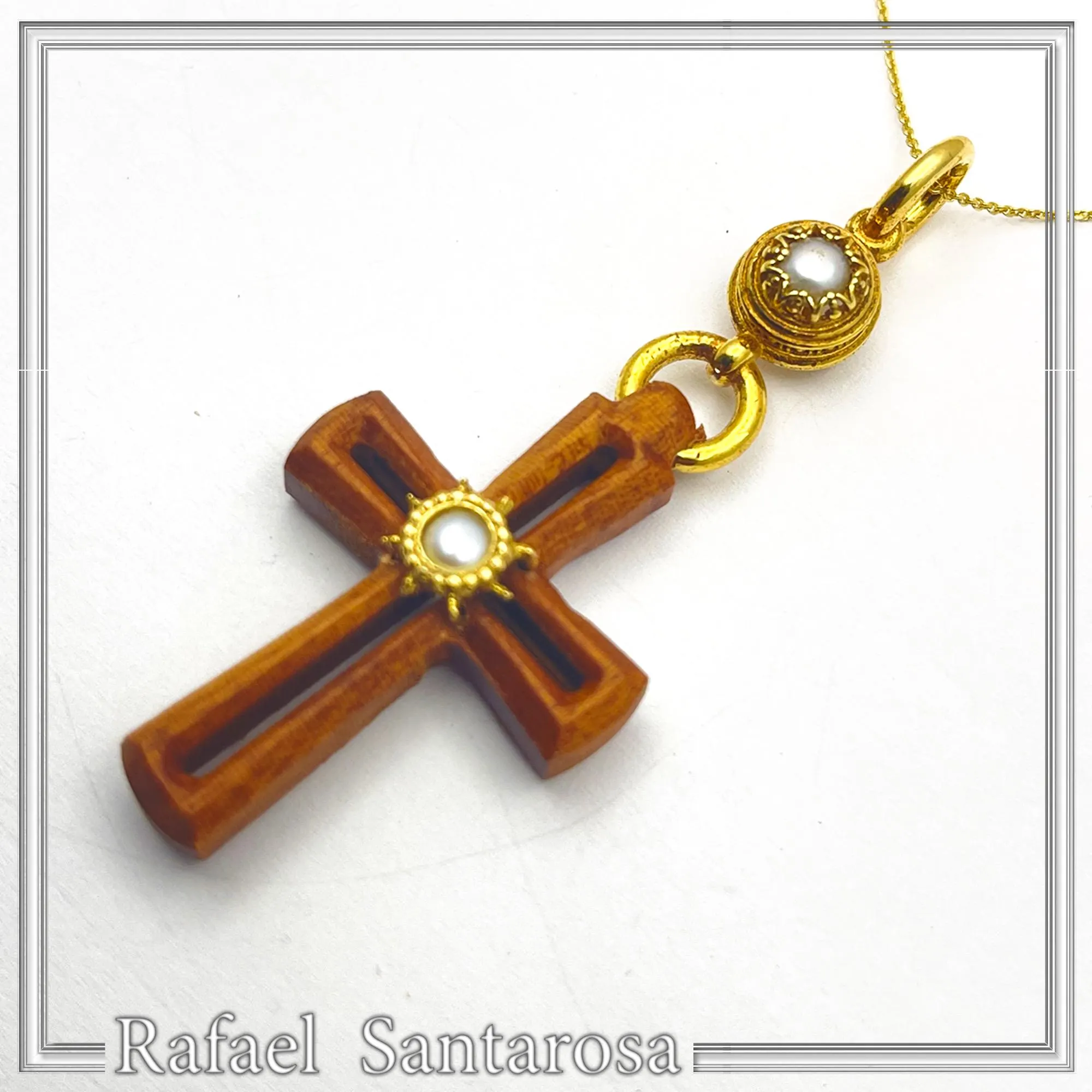 Byzantine Cross Pendant Sterling Silver Gold Filled Mahogany Wood Freshwater Pearl Necklace — additional product image 7 from Rafael Santarosa Fine Jewelry